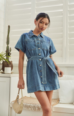 Button Up Denim Mini Dress with Stitched Detail Belt WDM606 Style State