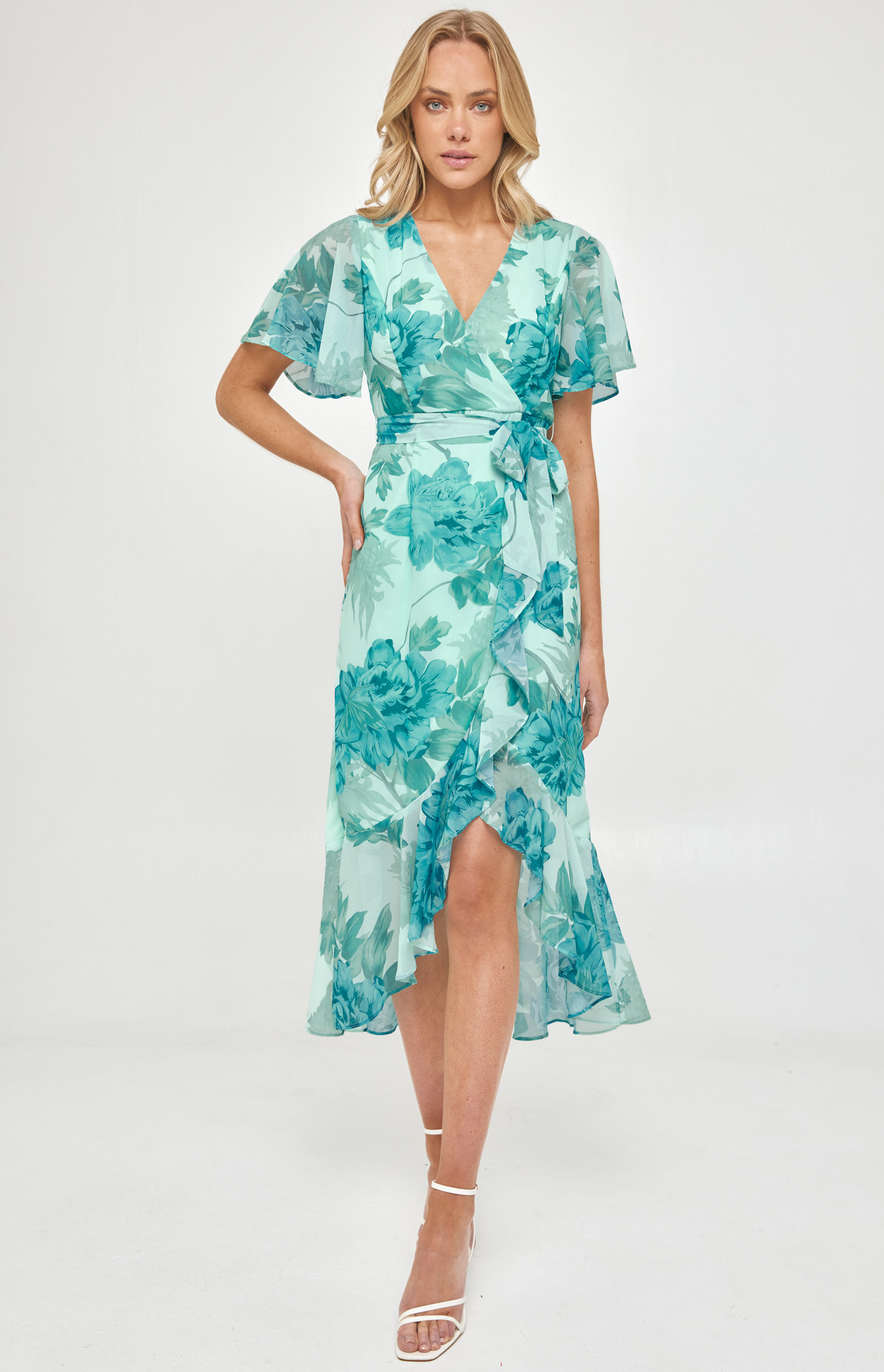 Floral Butterfly Sleeve Waterfall Hem Midi Dress (ADR1105-3A) | Style State