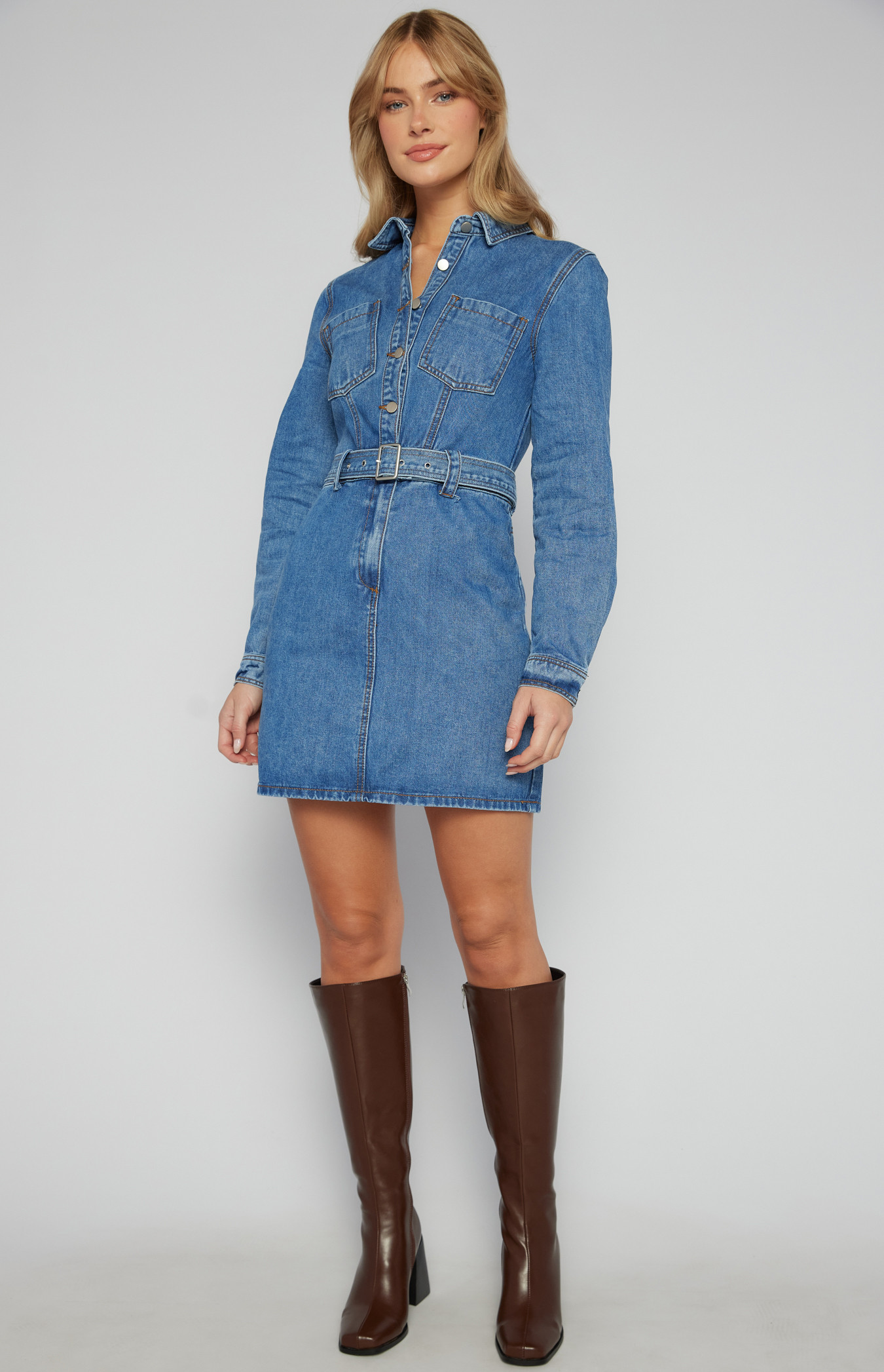 Denim Shirt Dress with Front Pockets and Metal Buckle Belt SDM134B Style State