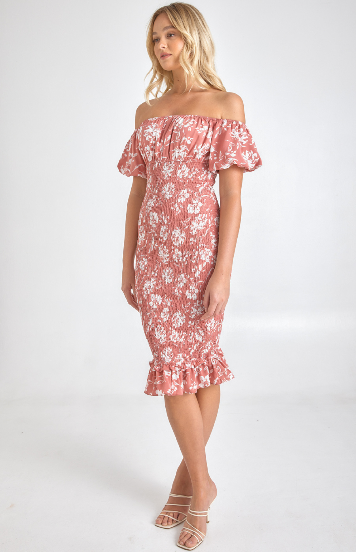 Printed Off the Shoulder Puff Sleeve Shirred Midi Dress (SDR1067A