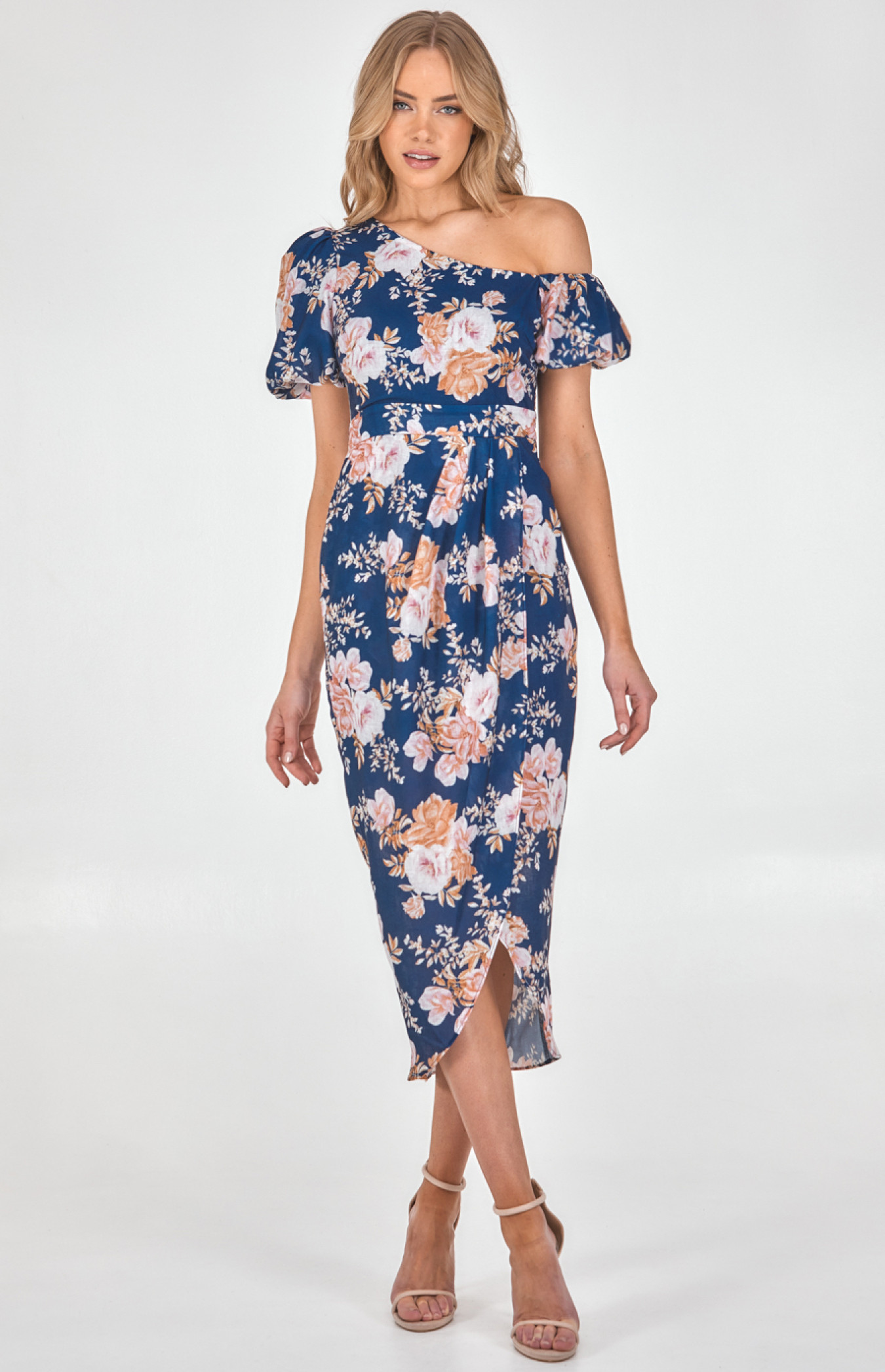Textured Floral Asymmetric Sleeve Dress with Tulip Hem (SDR1170A ...