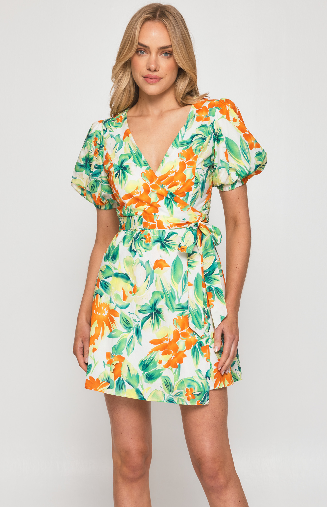 Floral Print Bubble Sleeves Wrap Dress (SDR1190-2A) | Style State