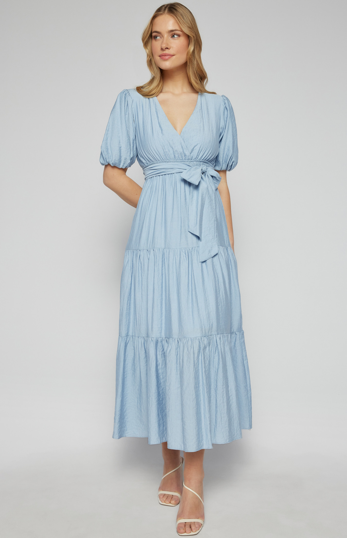 Textured Bubble Sleeve Maxi Dress with Tiered Hem (SDR1253A)