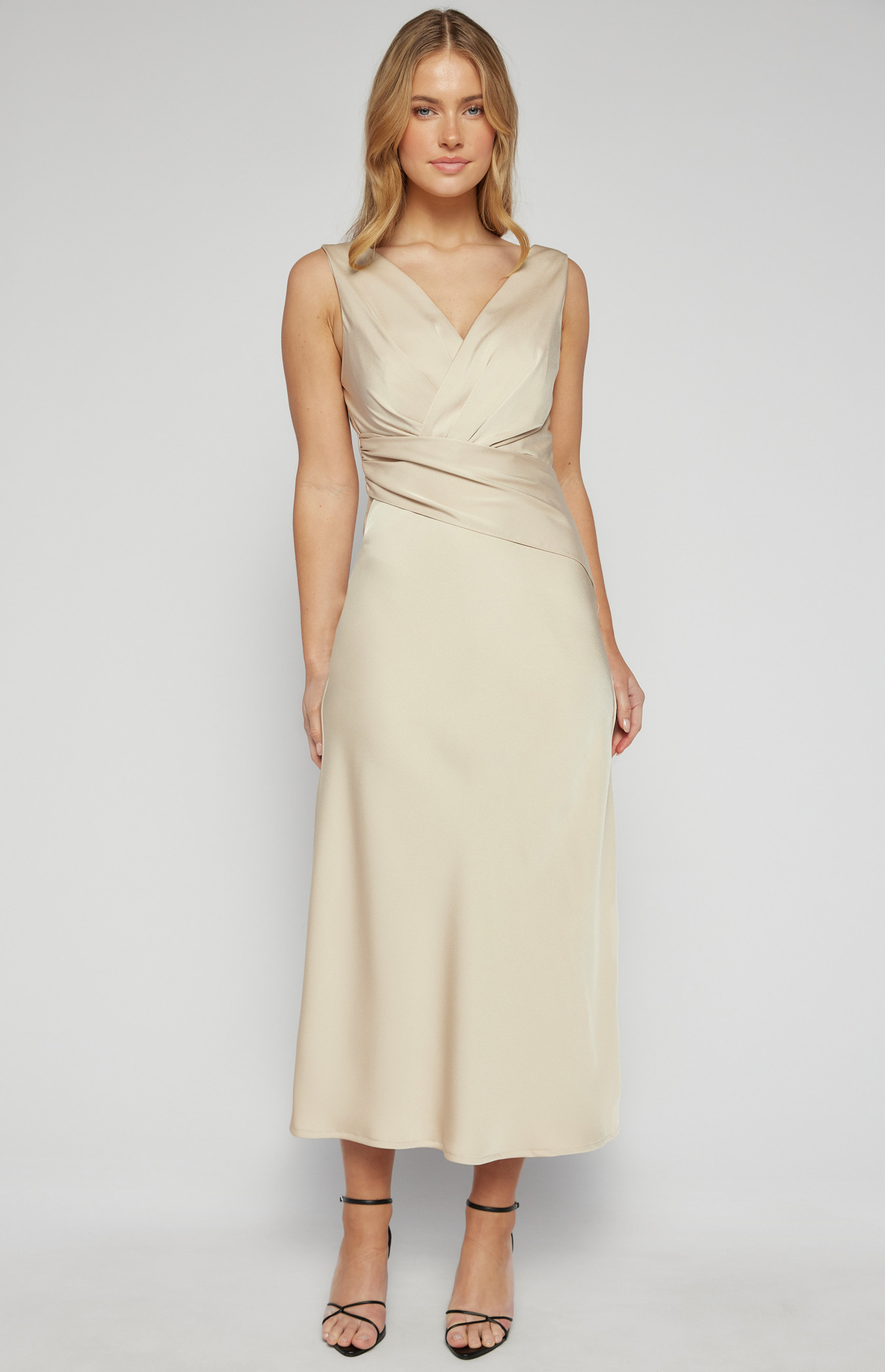 Cross Front Satin Midi Dress with Pleated Details (SDR1593A)