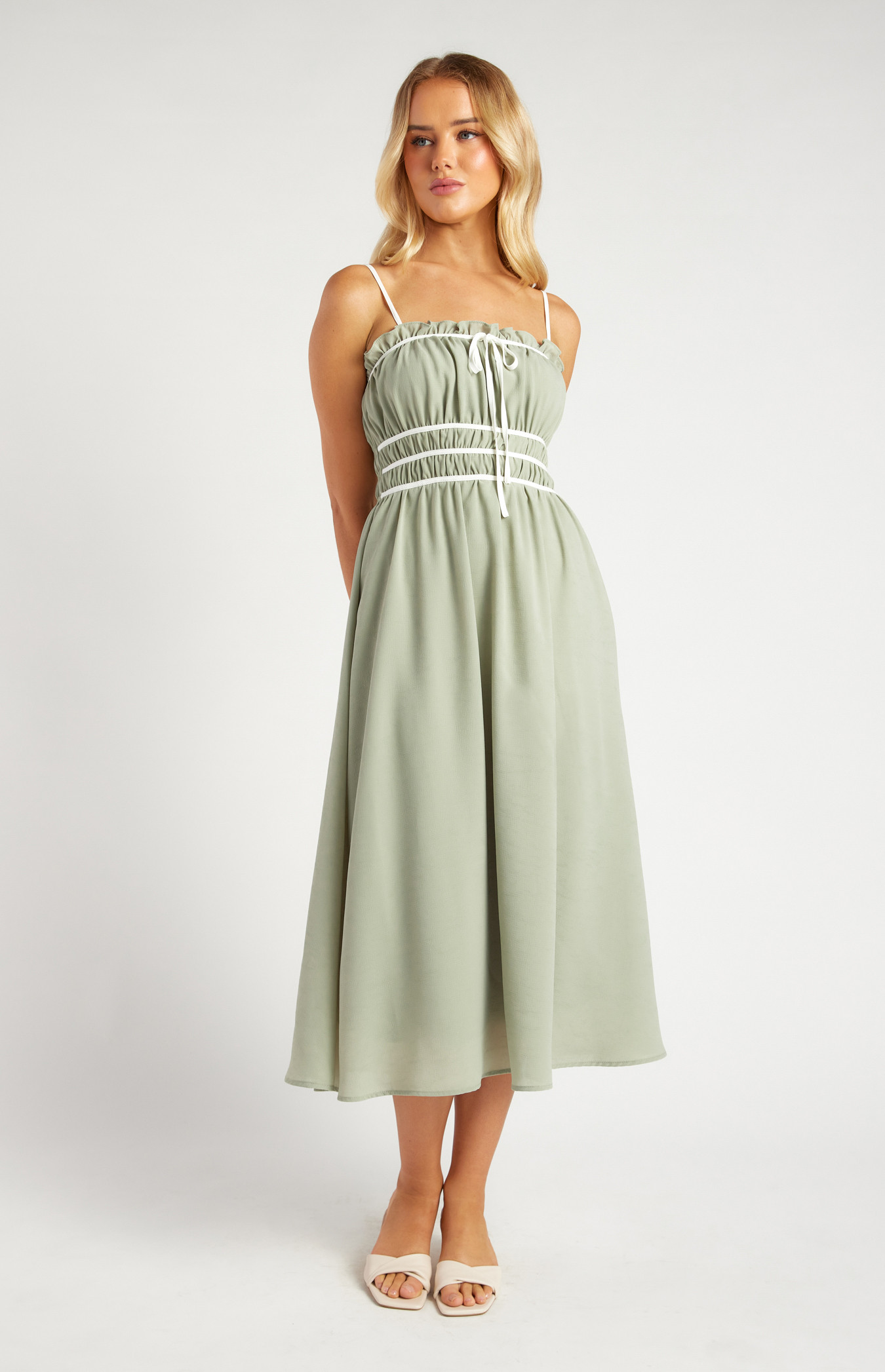 Textured Chiffon Contrast Binding Bow Detail Midi Dress (SDR1639A)