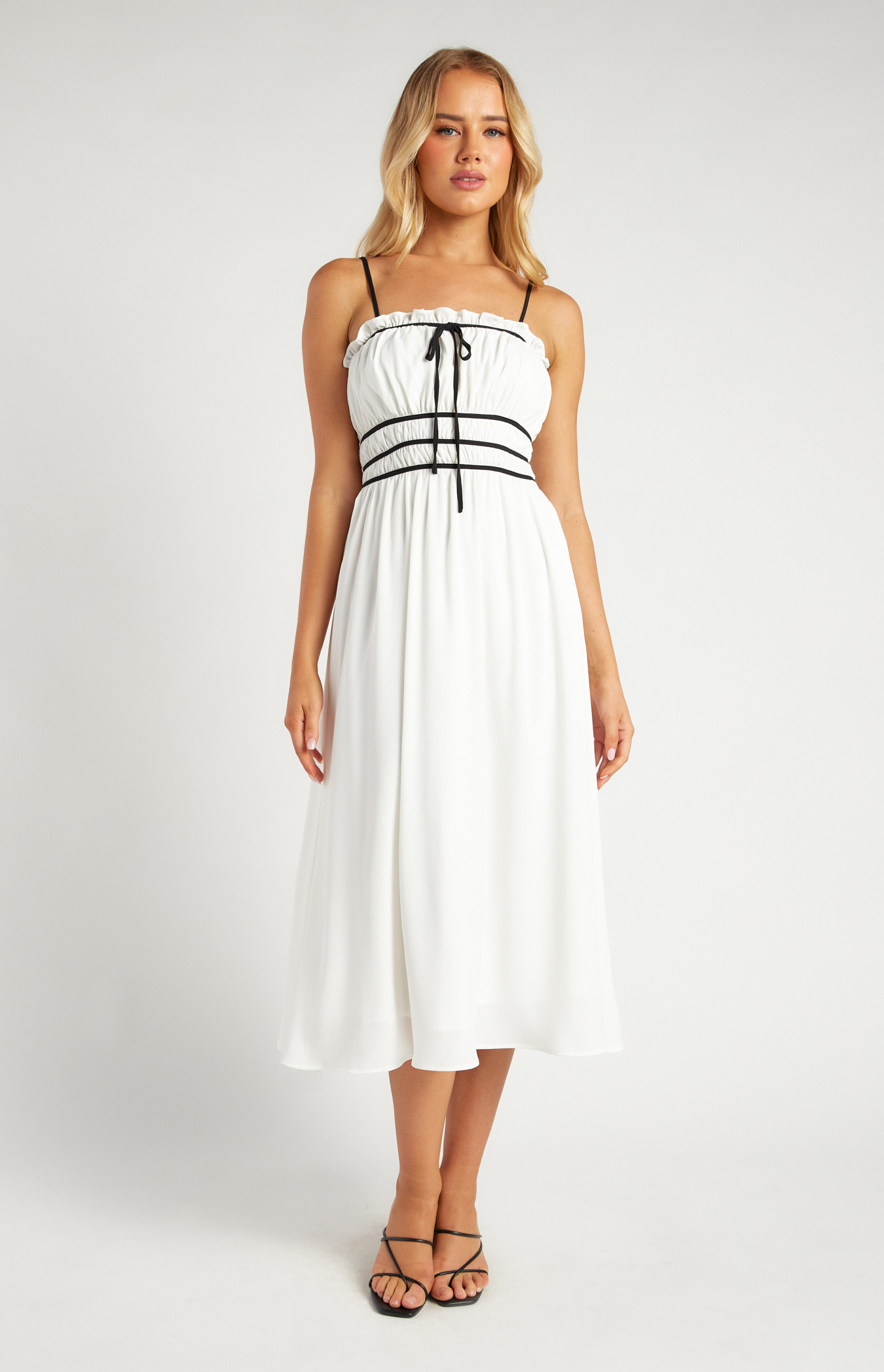 Textured Chiffon Contrast Binding Bow Detail Midi Dress (SDR1639A)