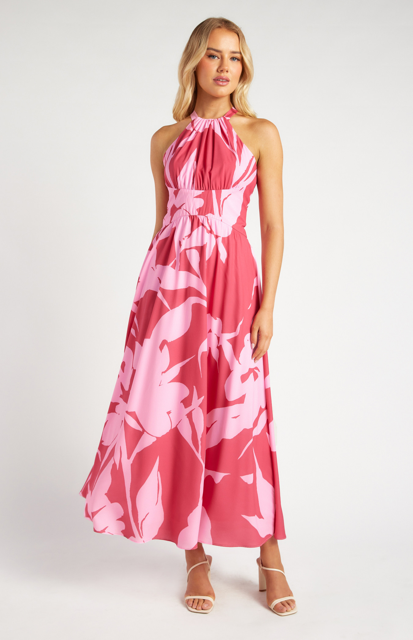 Abstract Floral Halter Neck Maxi Dress (SDR1657A)