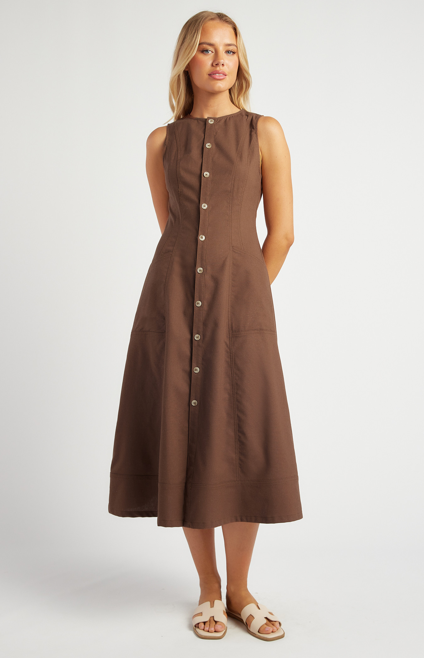 Marble Button Up Linen Blend Midi Dress with Pockets (SDR1720B)