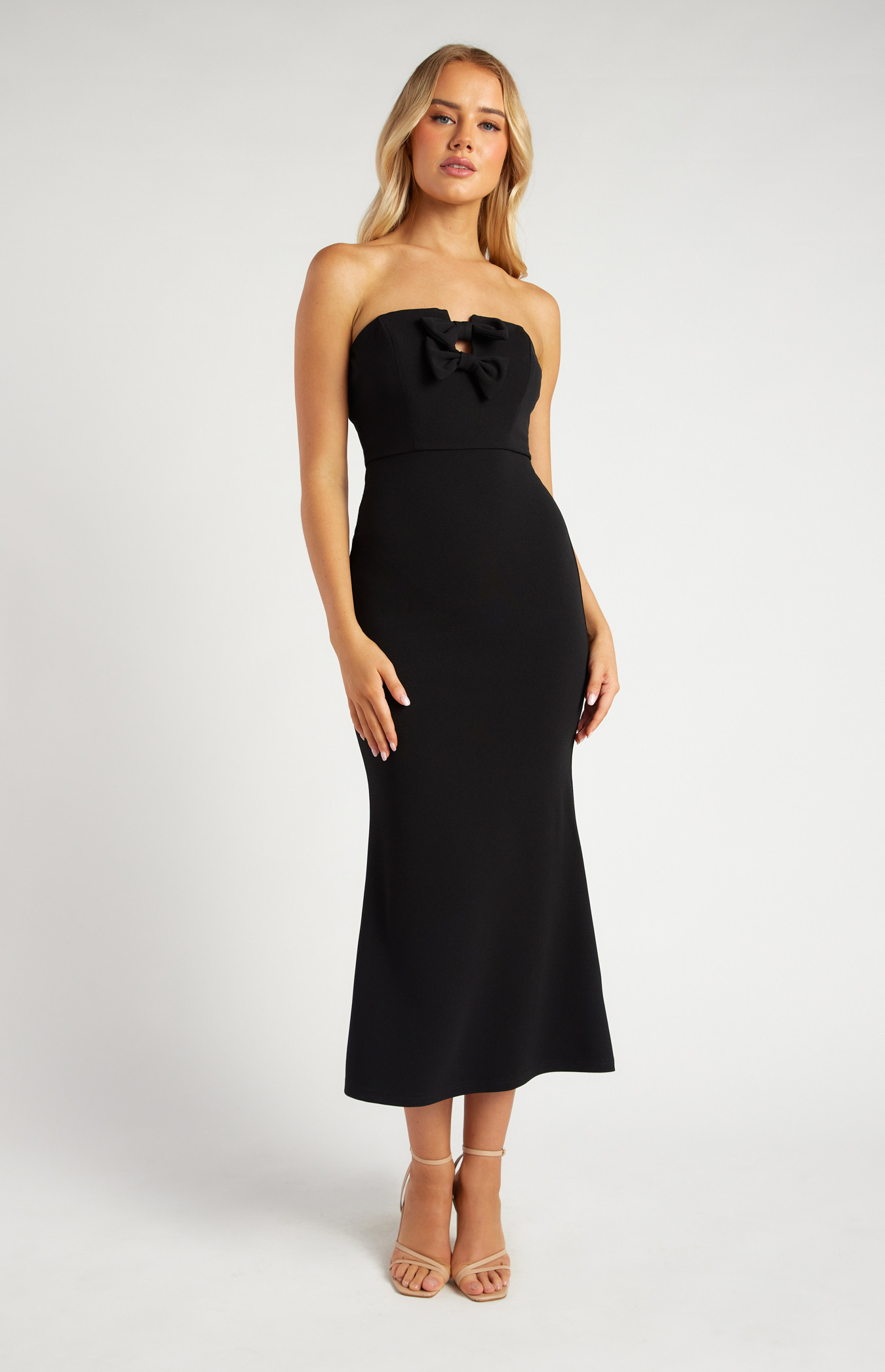 Strapless Stretch Maxi Dress with Front Keyhole and Bow Details (SDR1722A)