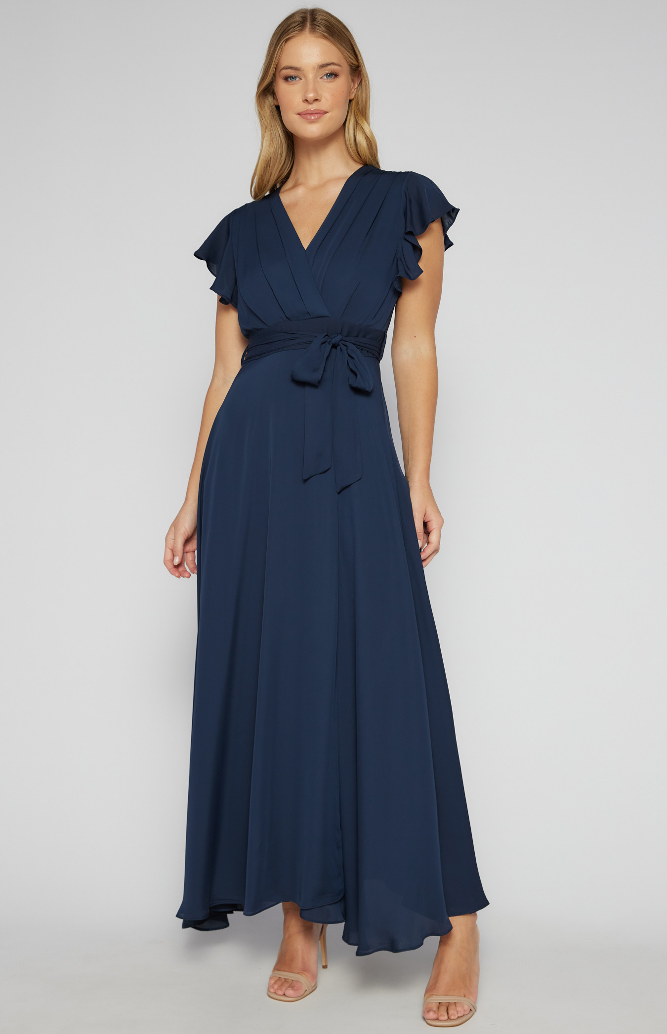 Pleated Front Butterfly Sleeve Maxi Dress (SDR581B)