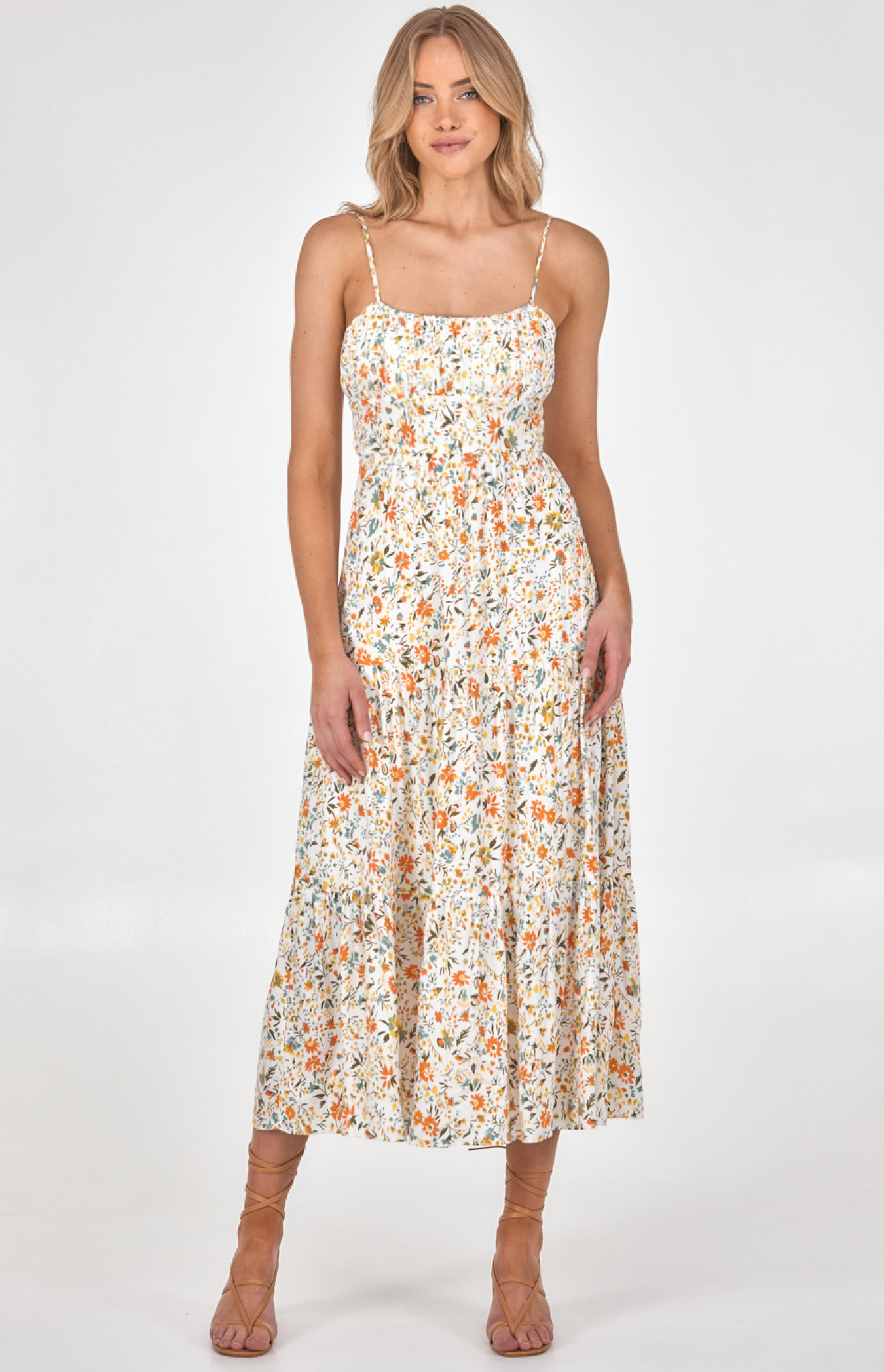 Cotton Floral Ruche Tiered Maxi (SDR946B) | Style State