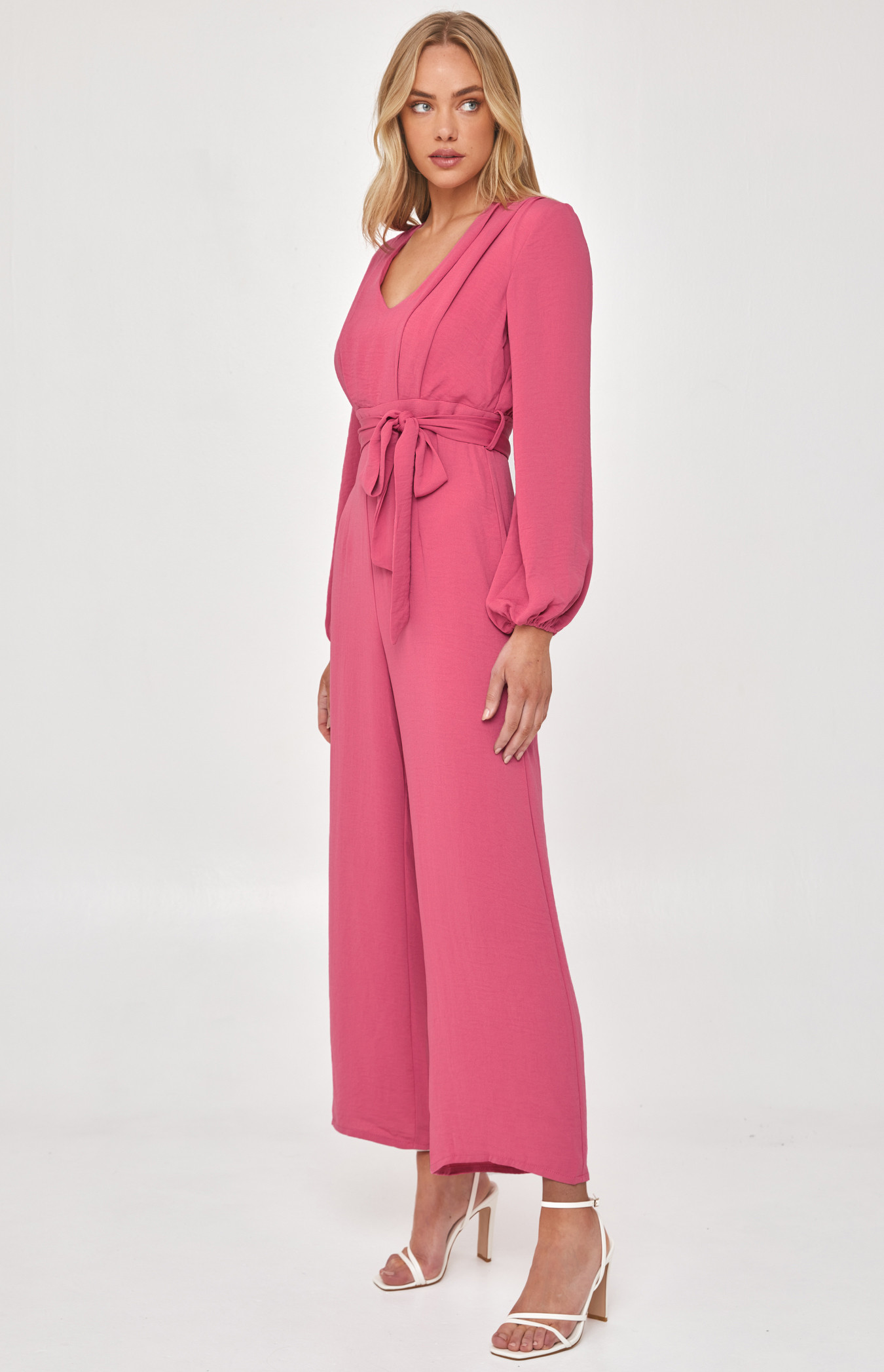 pink jumpsuit with belt