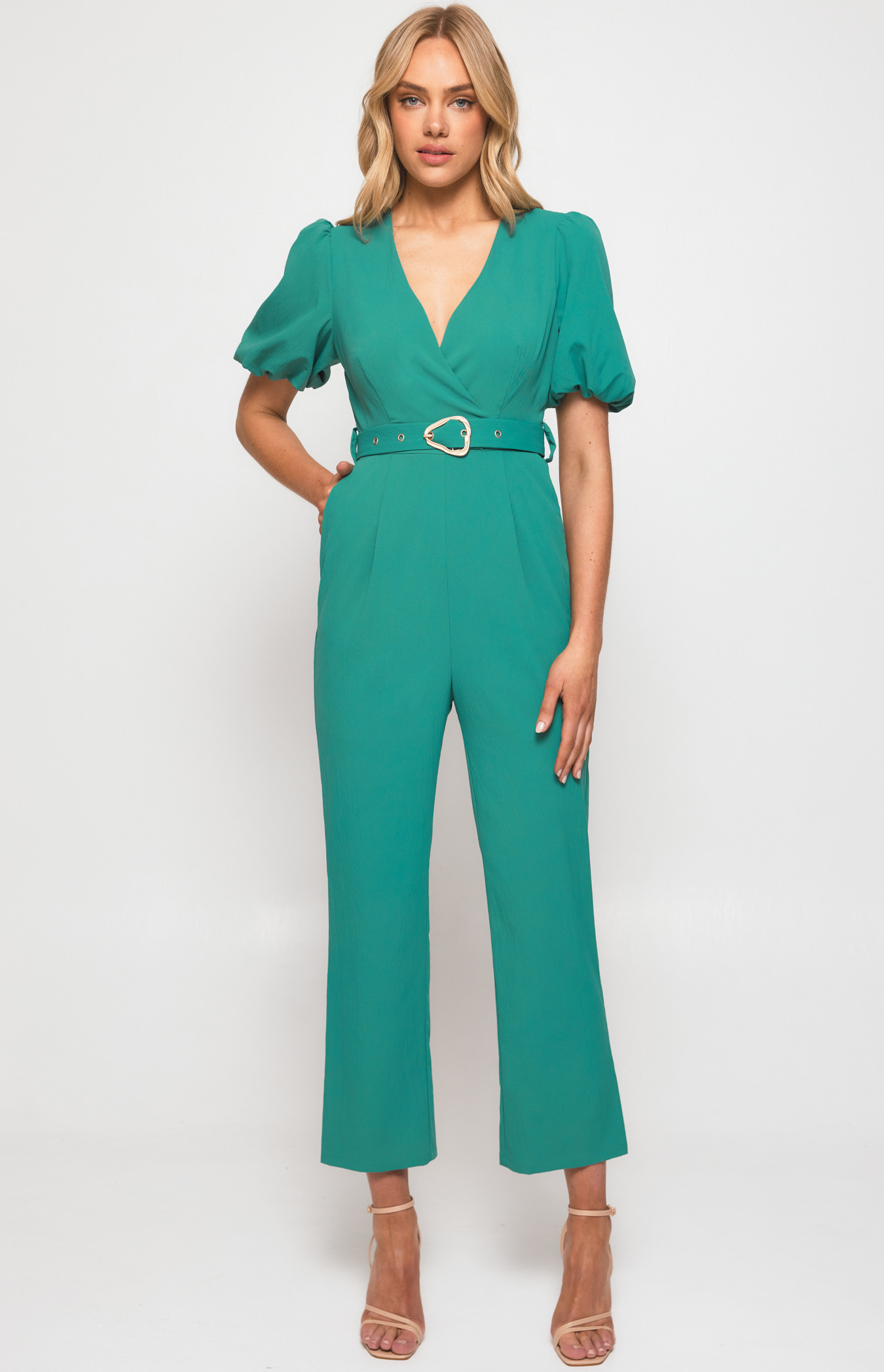 Bubble Sleeve Tapered Jumpsuit with Exposed Metal Belt (SJP549A 