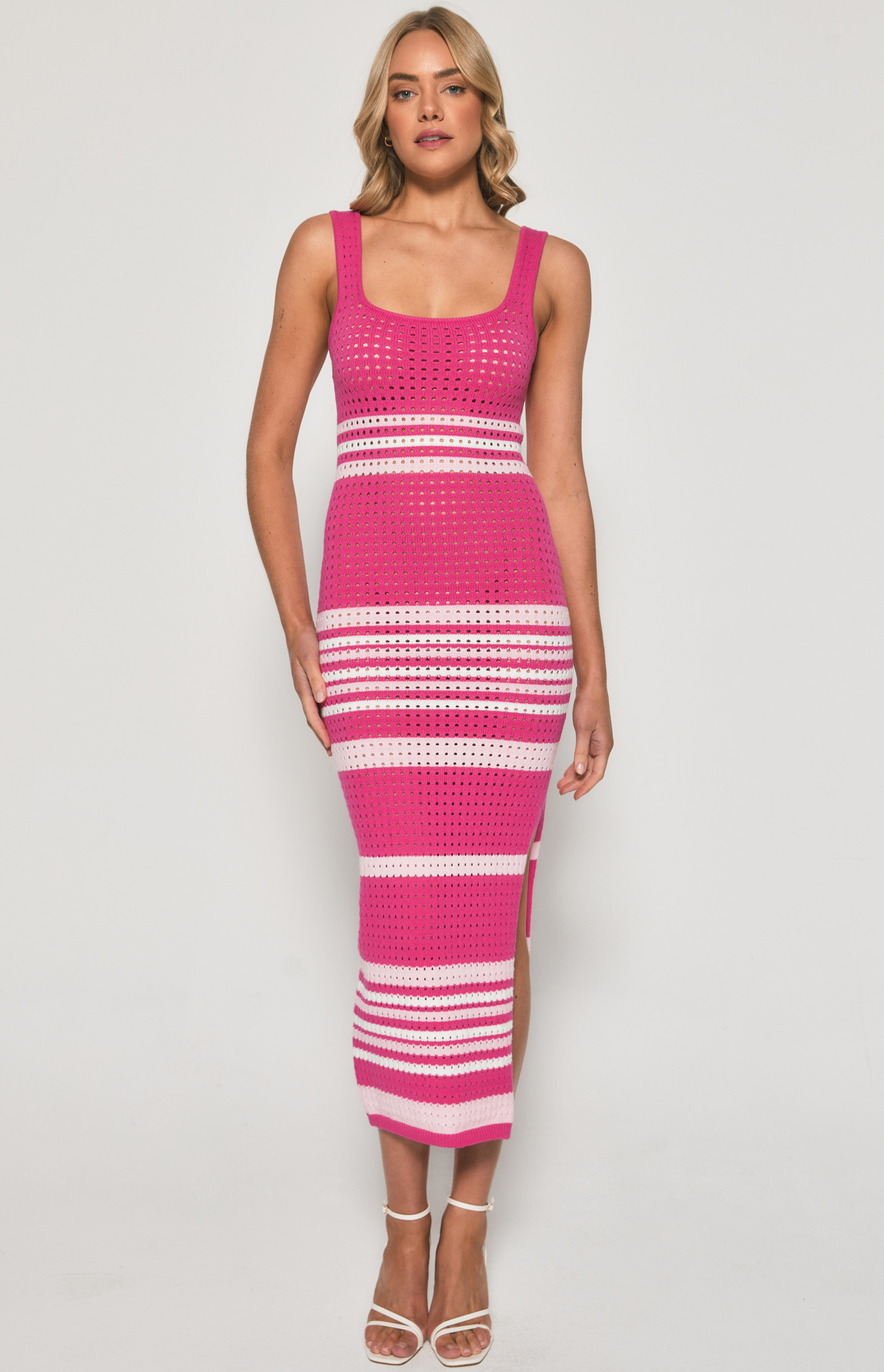 Contrast Stripe Crochet Knit Midi Dress with Side Split (SKN661