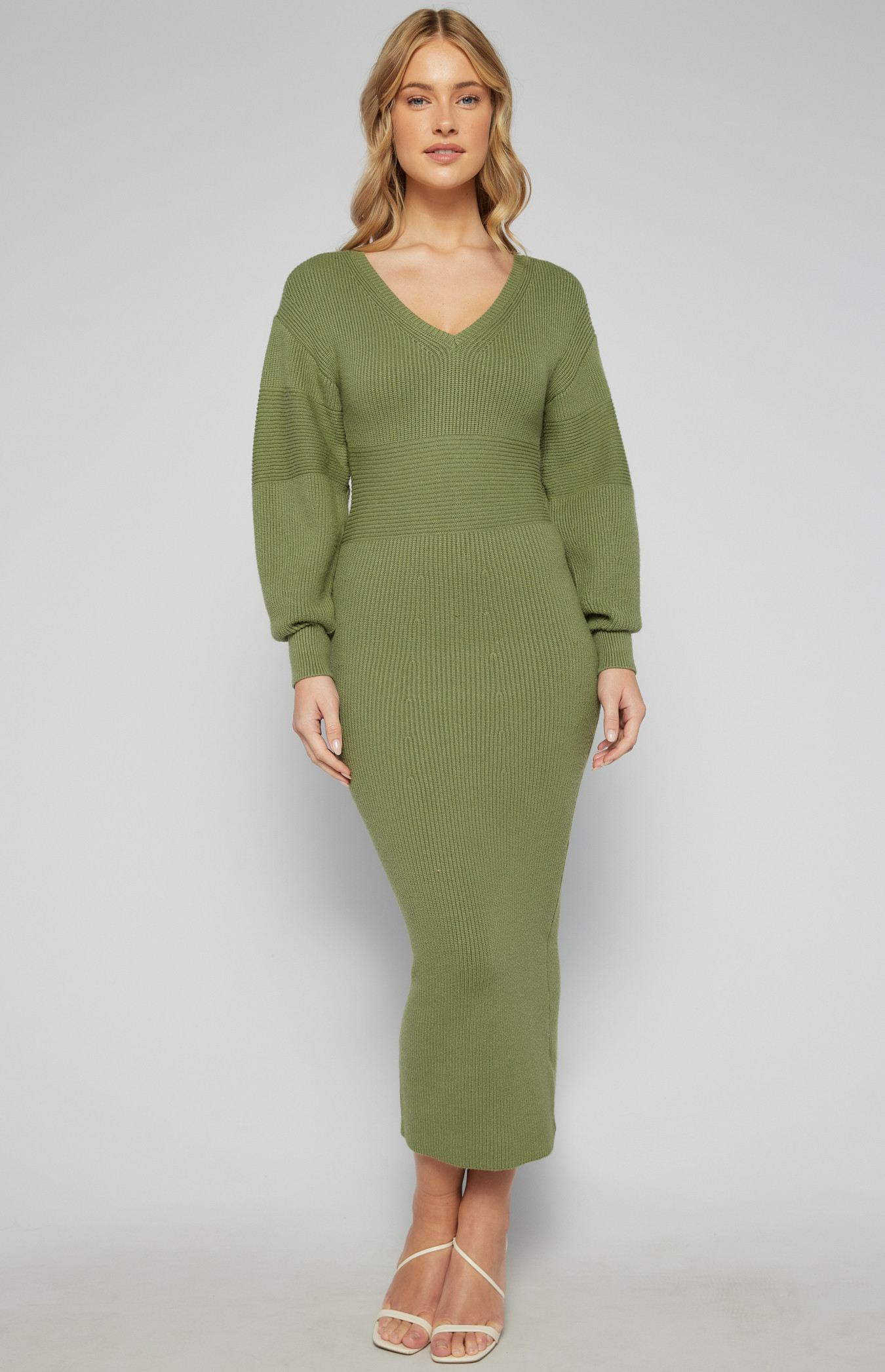 Contrast Panel Bubble Sleeve Knit Midi Dress (SKN823)