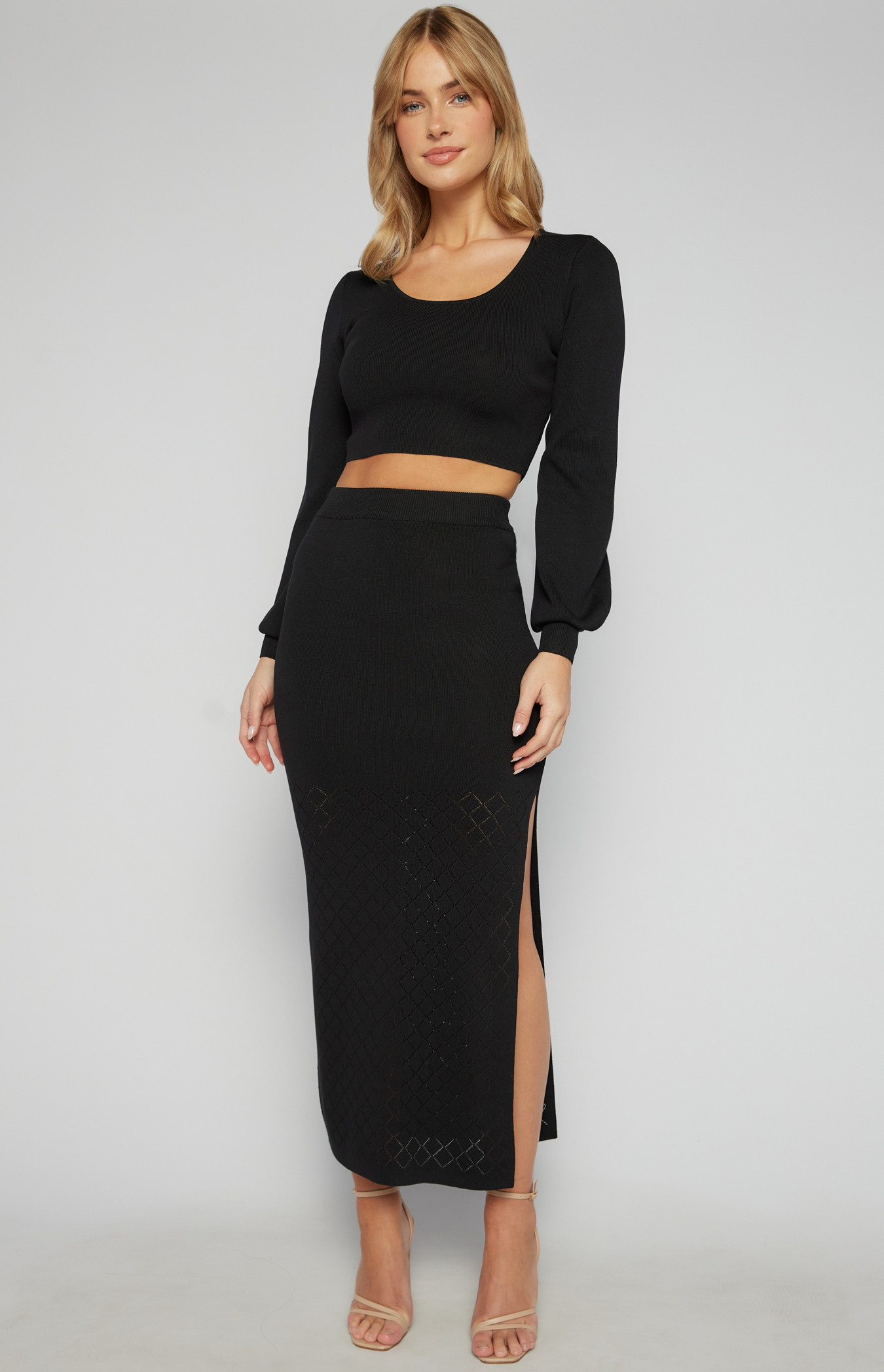 Contrast Textured Hem Knit Set with Top and Maxi Skirt (SKN832)