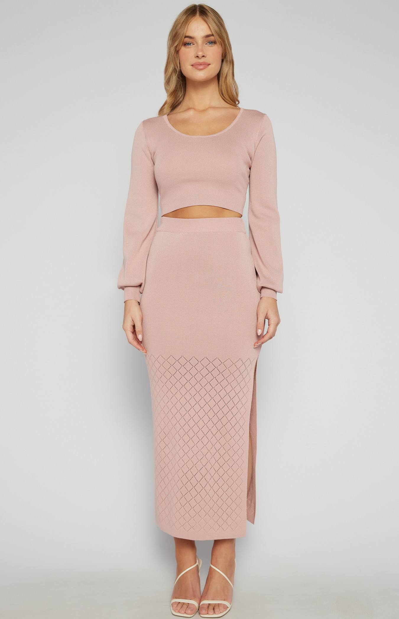 Contrast Textured Hem Knit Set with Top and Maxi Skirt (SKN832)
