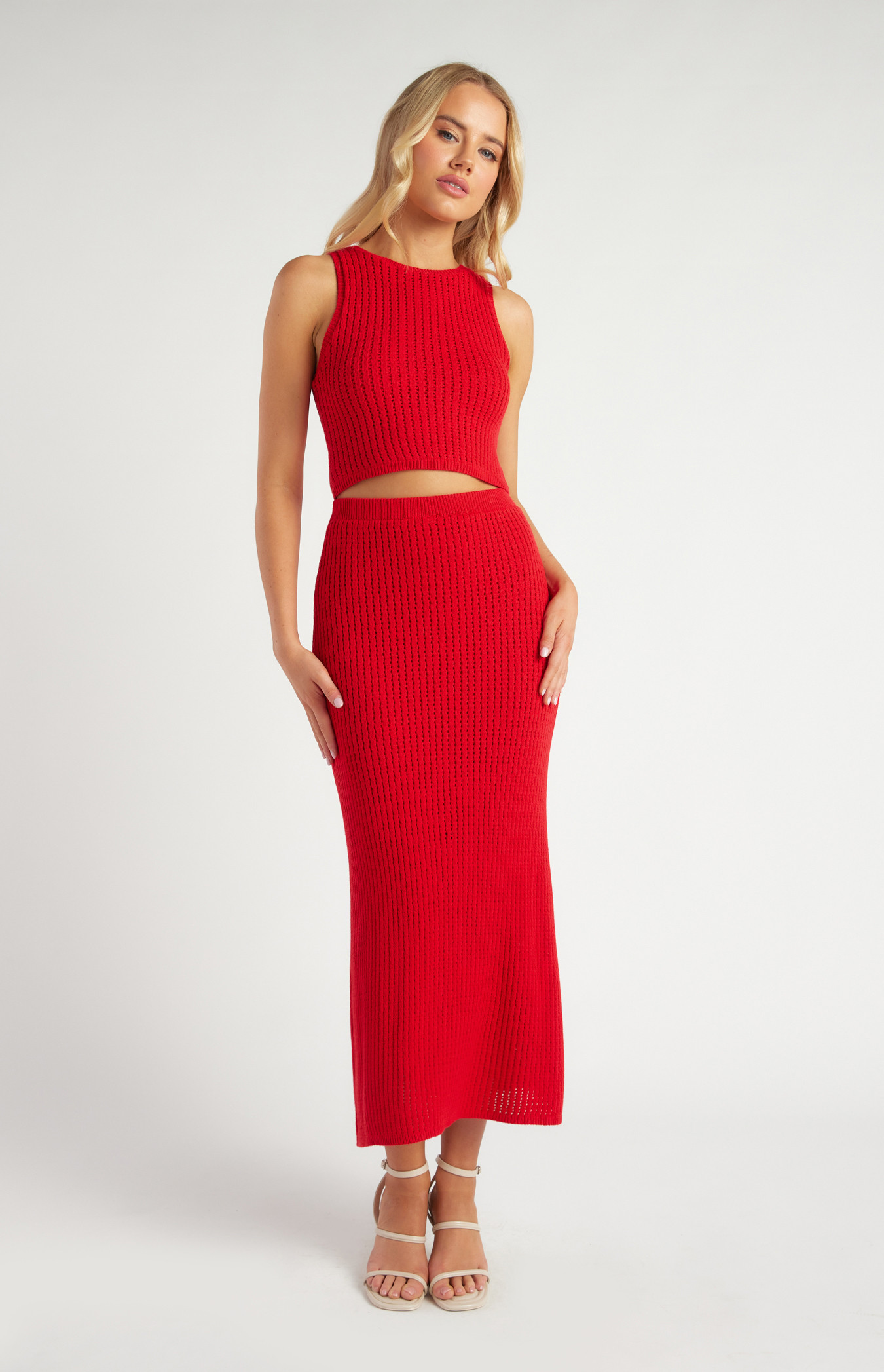 Crochet Textured Knit Top and A-line Skirt Set (SKN879)