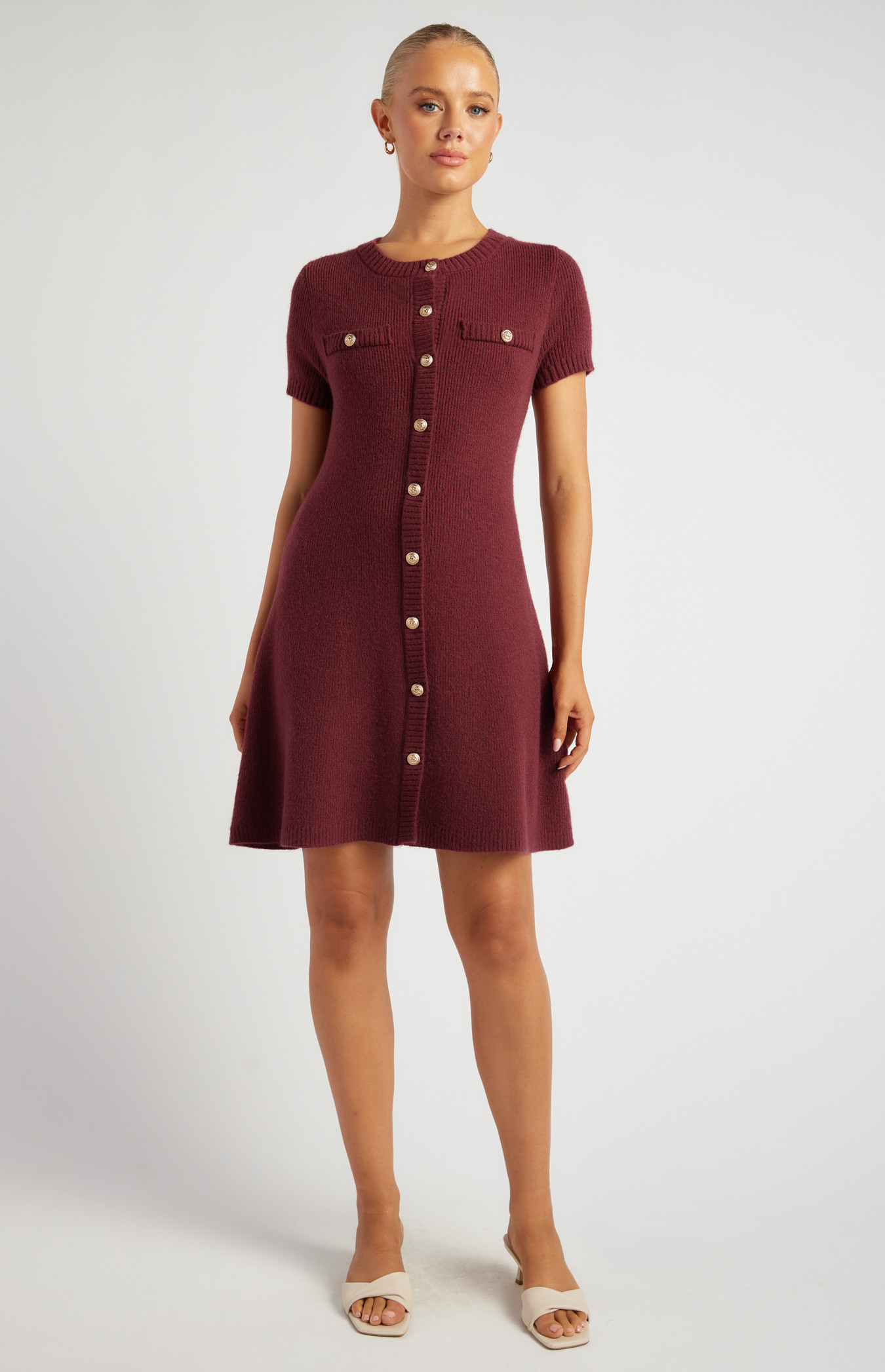 Embossed Gold Button Boucle Knit Dress (SKN894)