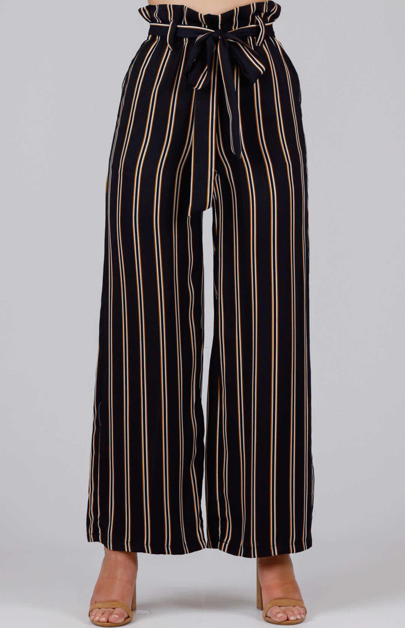 Striped Tie Paperbag Waist Wide Leg Pants