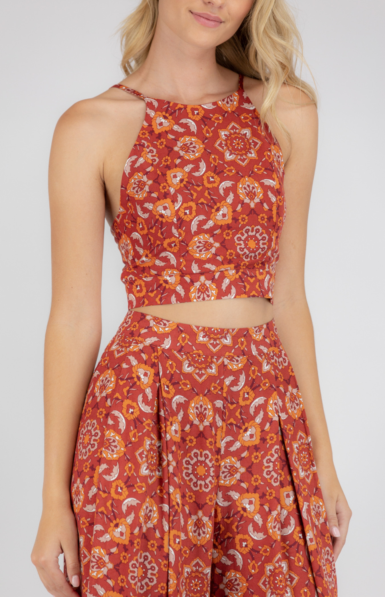 Orange and pink floral printed crop top with skirt - set of two by