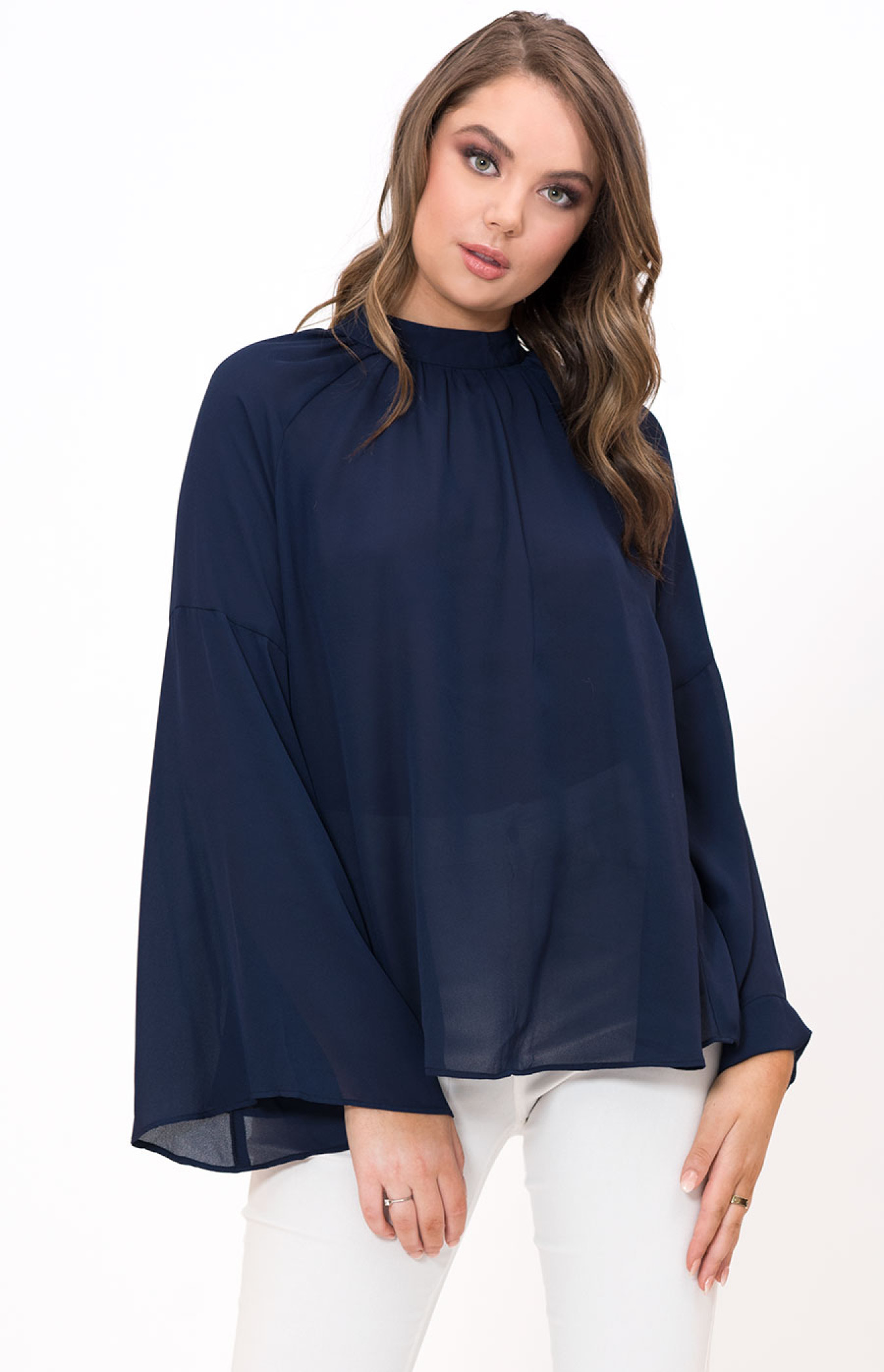 High Neck Ruffle Top with Bell Sleeve (STO307A) | Style State