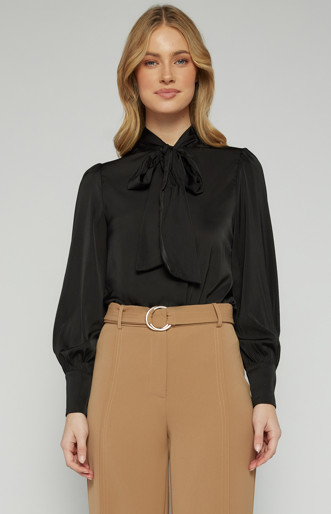Neck Tie Satin Top with Pleated Shoulder Detail (STO730B)