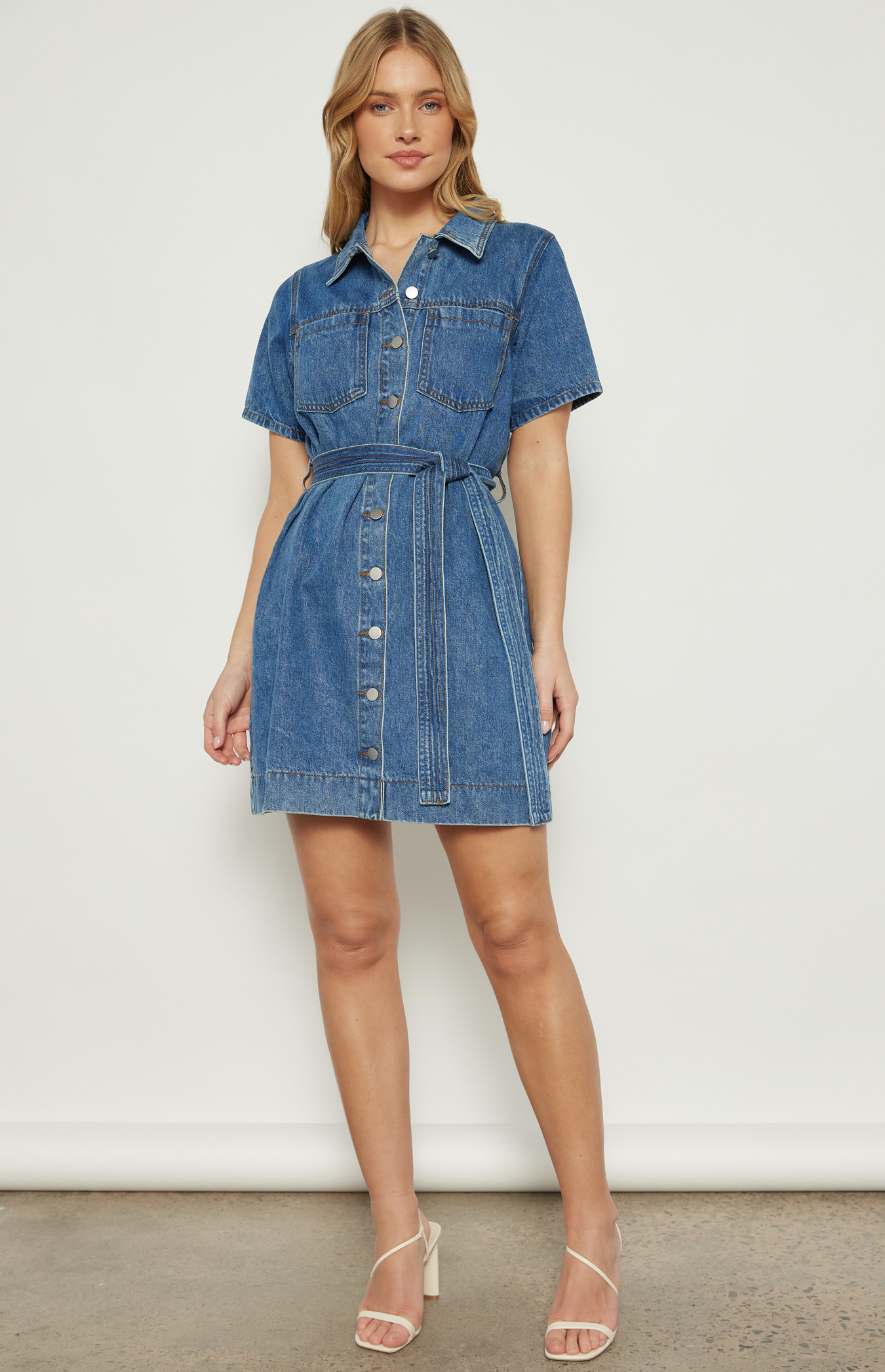 Button Up Denim Mini Dress with Stitched Detail Belt WDM606 Style State