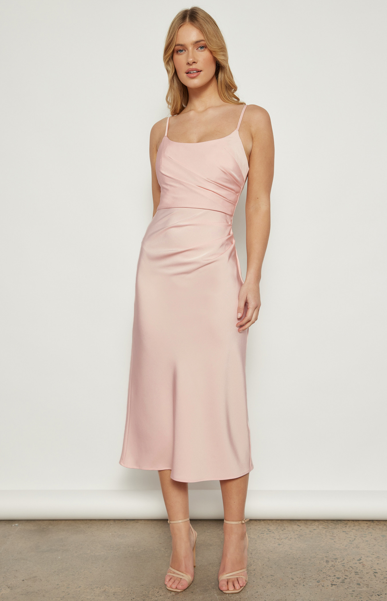 Pleated Details Satin Midi Dress (WDR717A)