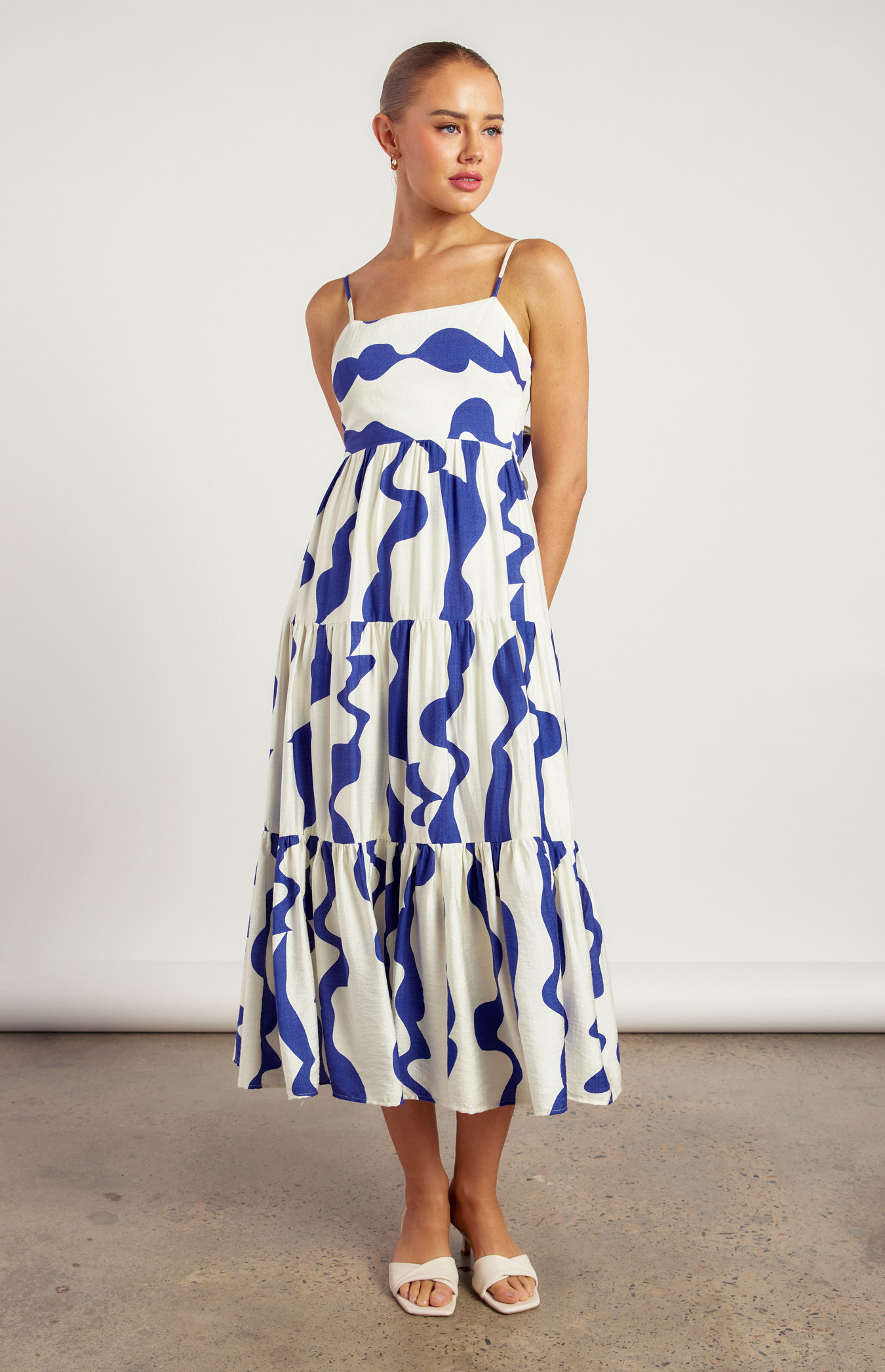 Wave Print Tiered Midi dress with Tie Back Detail (WDR729A)