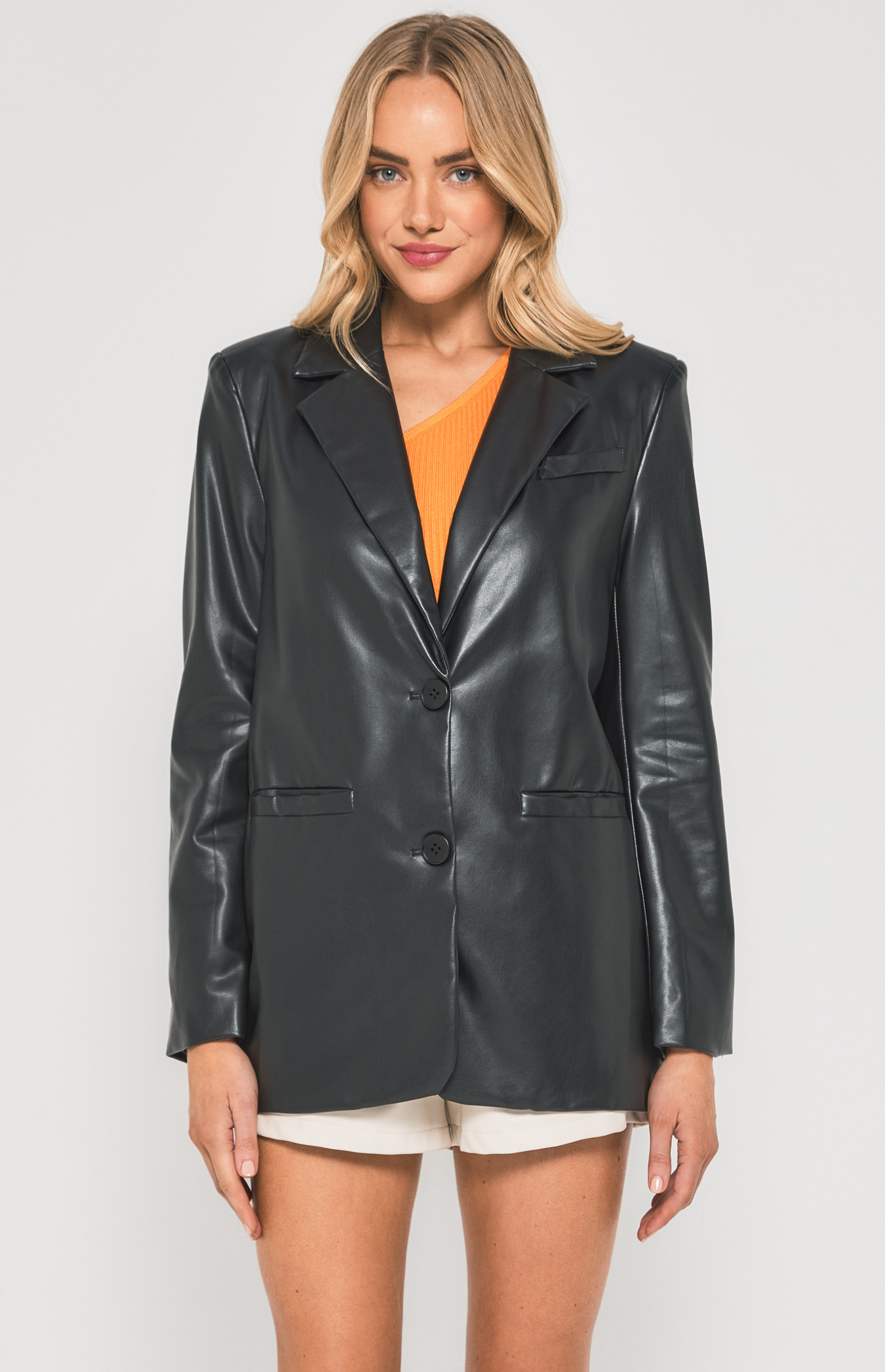 Faux Leather Blazer with Functional Pockets (WJT223A)