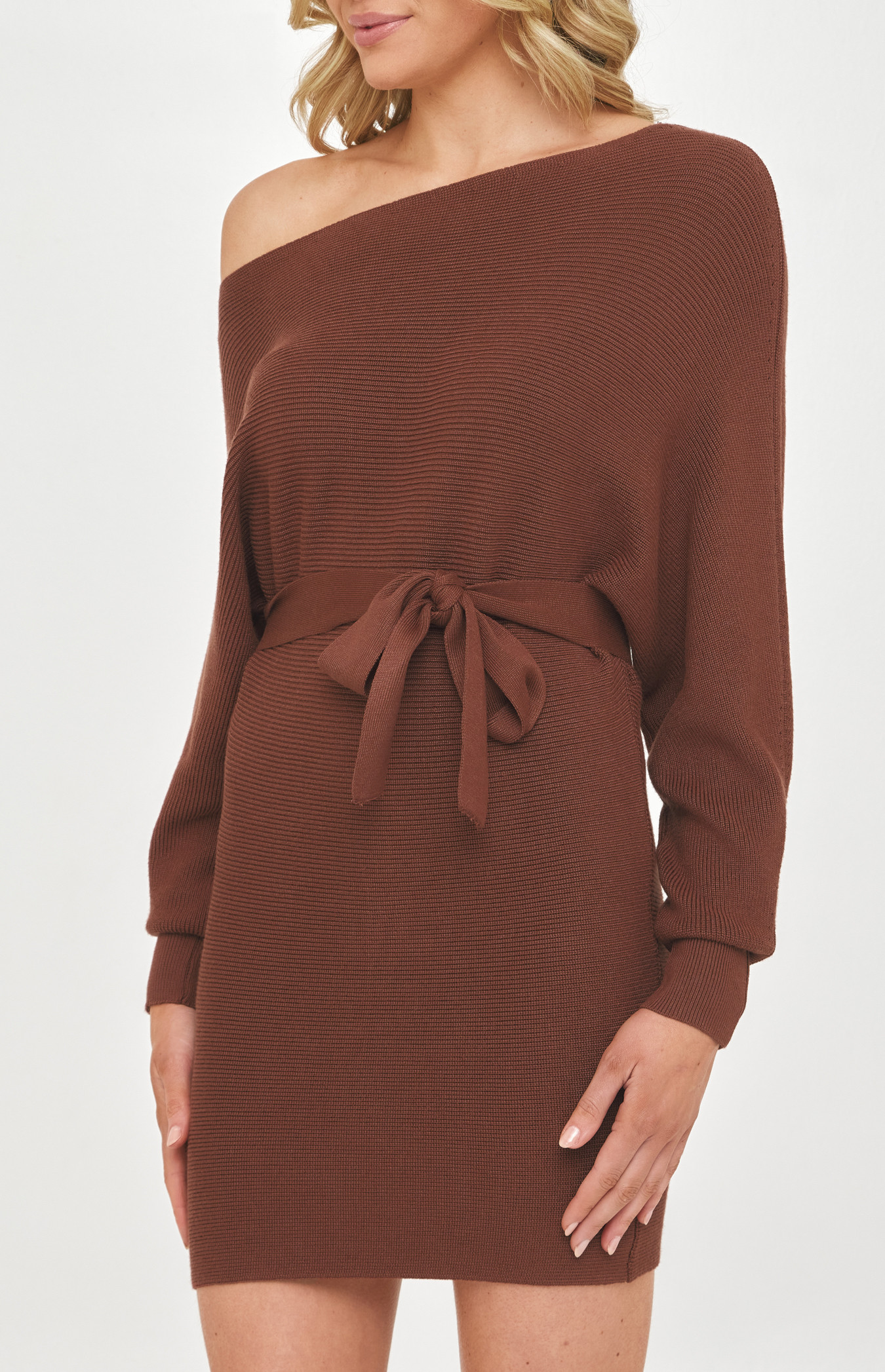 One Off Shoulder Knit Dress with Belt (WKN228) | Style State