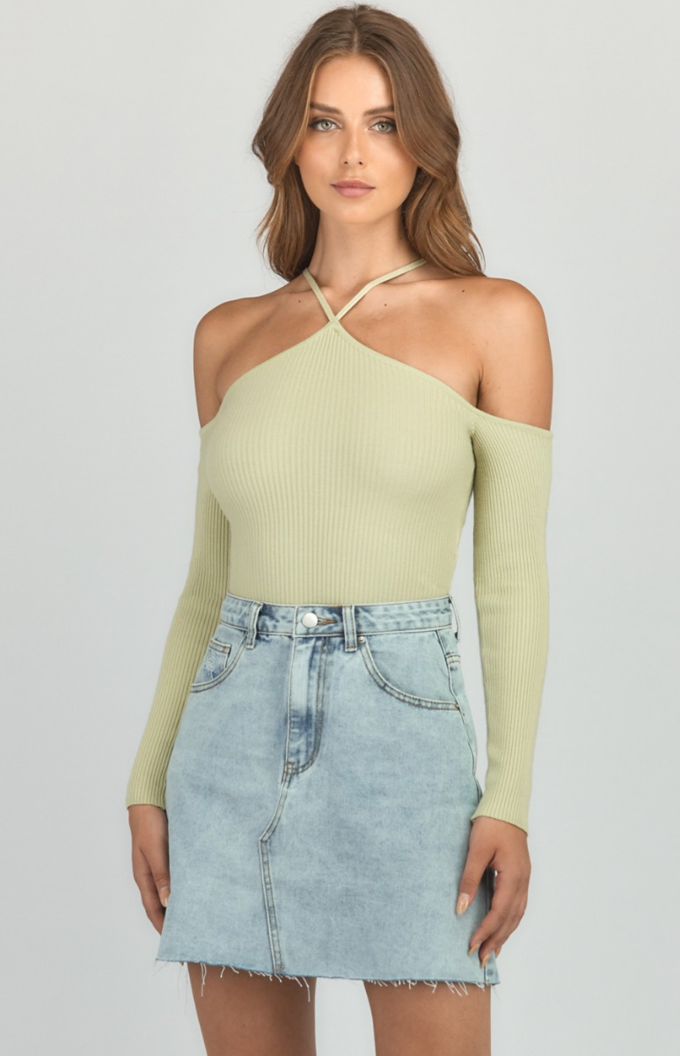 Halter Neckline Knit Top with Long Sleeves (WKN344) Style State