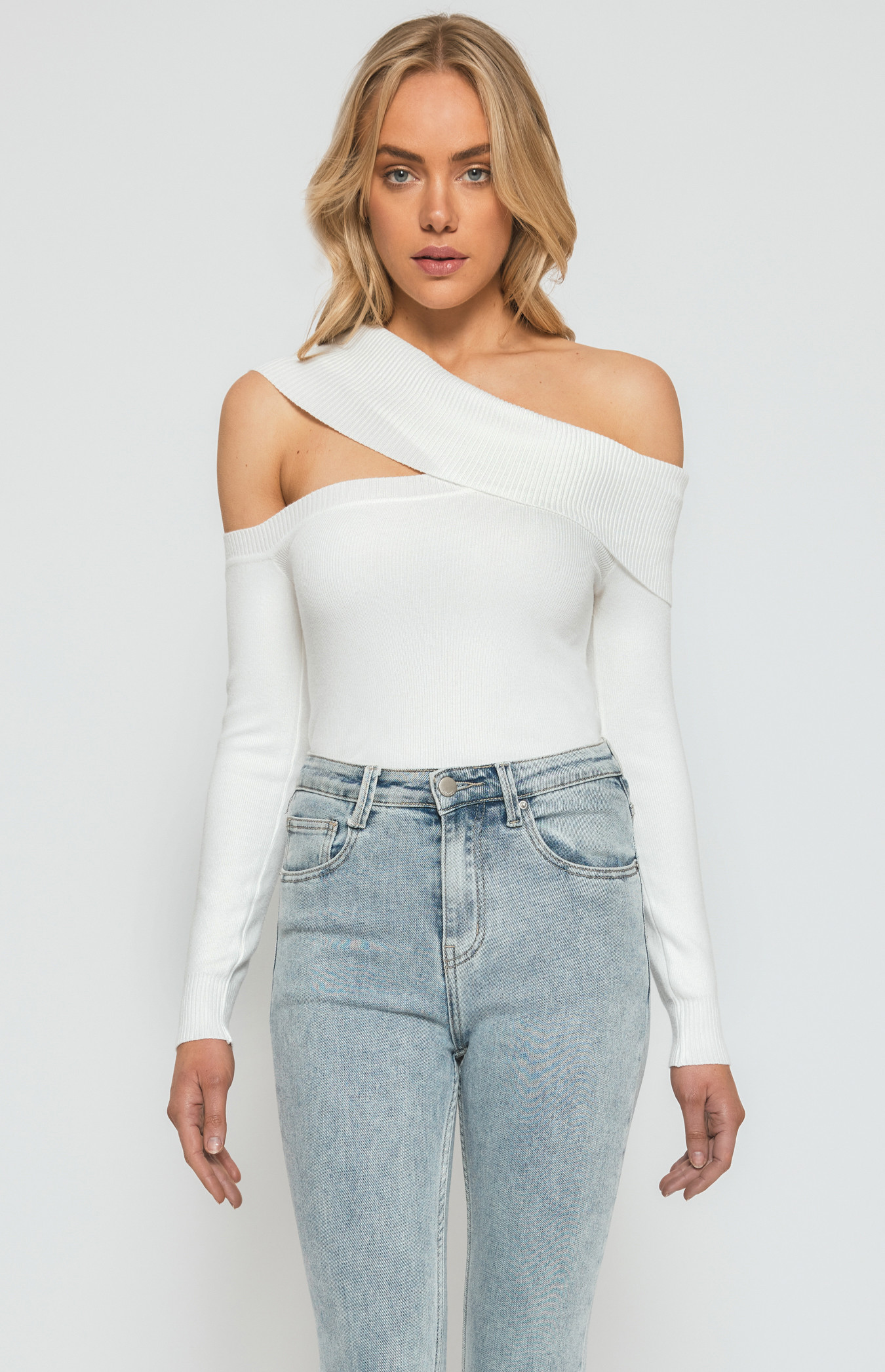 Asymmetric Cut Out Neckline Knit Top (WKN419) | Style State