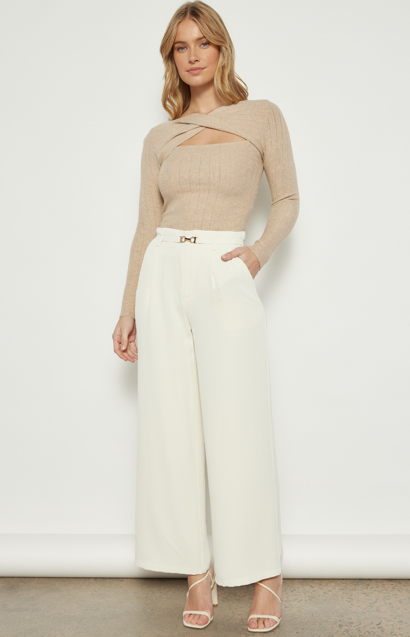 Wide Leg Pants with Thin Belt Gold Buckle Detail (WPA275B)
