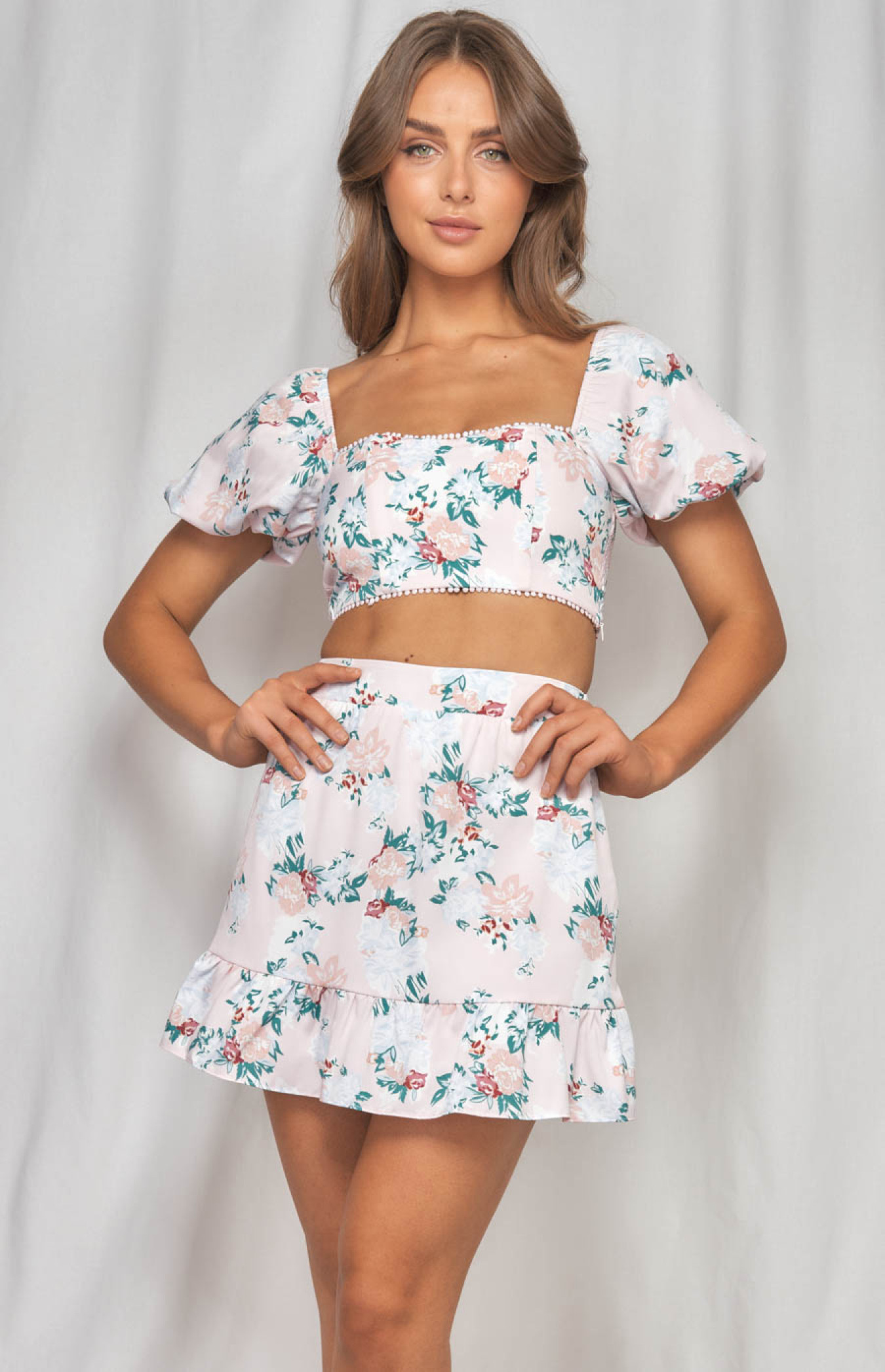 Printed Set with Bubble Sleeve Crop & Skirt (WSE249A) | Style State