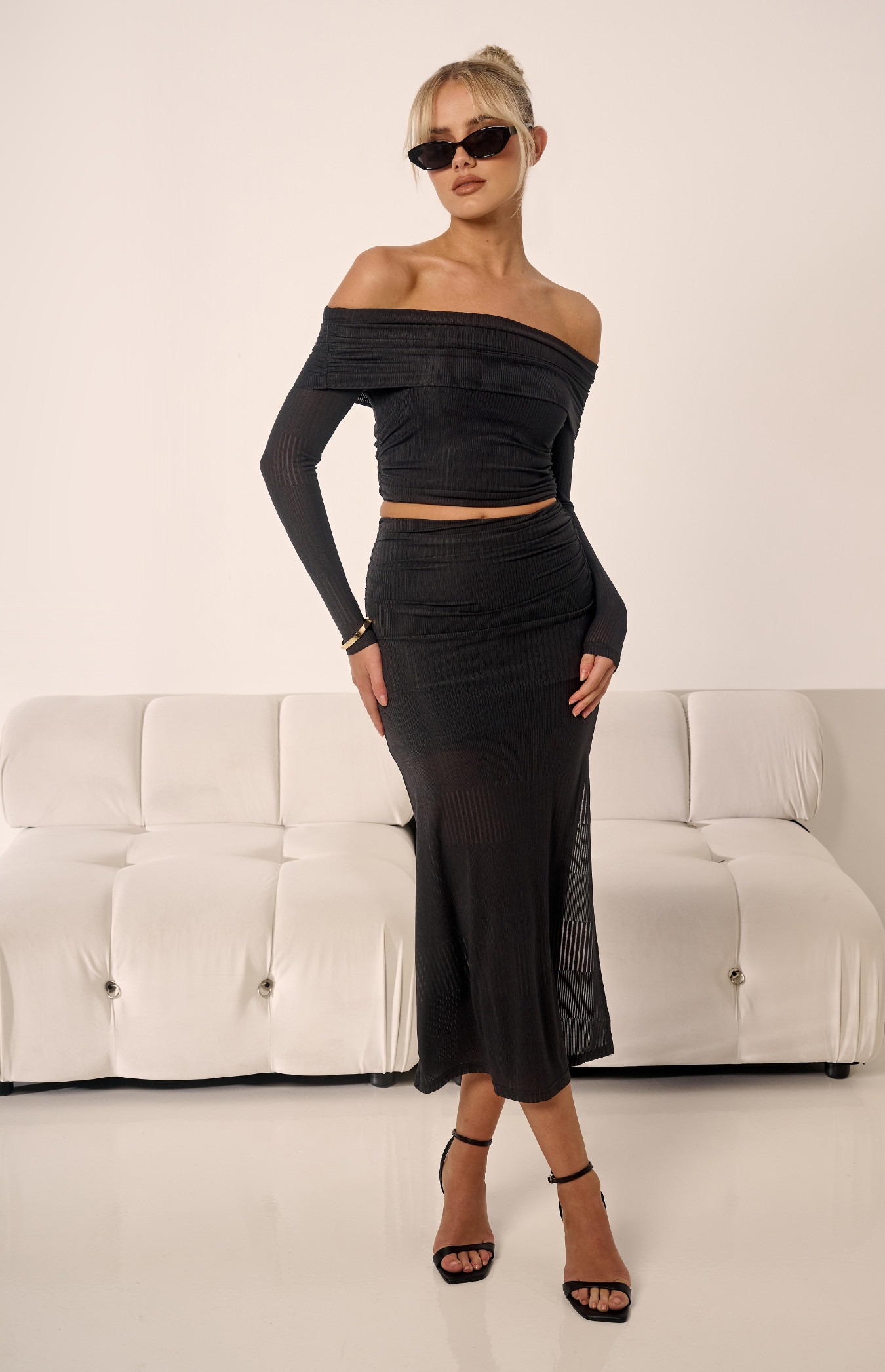 Textured Mesh Set with Off Shoulder Top and Skirt (WSE347B)