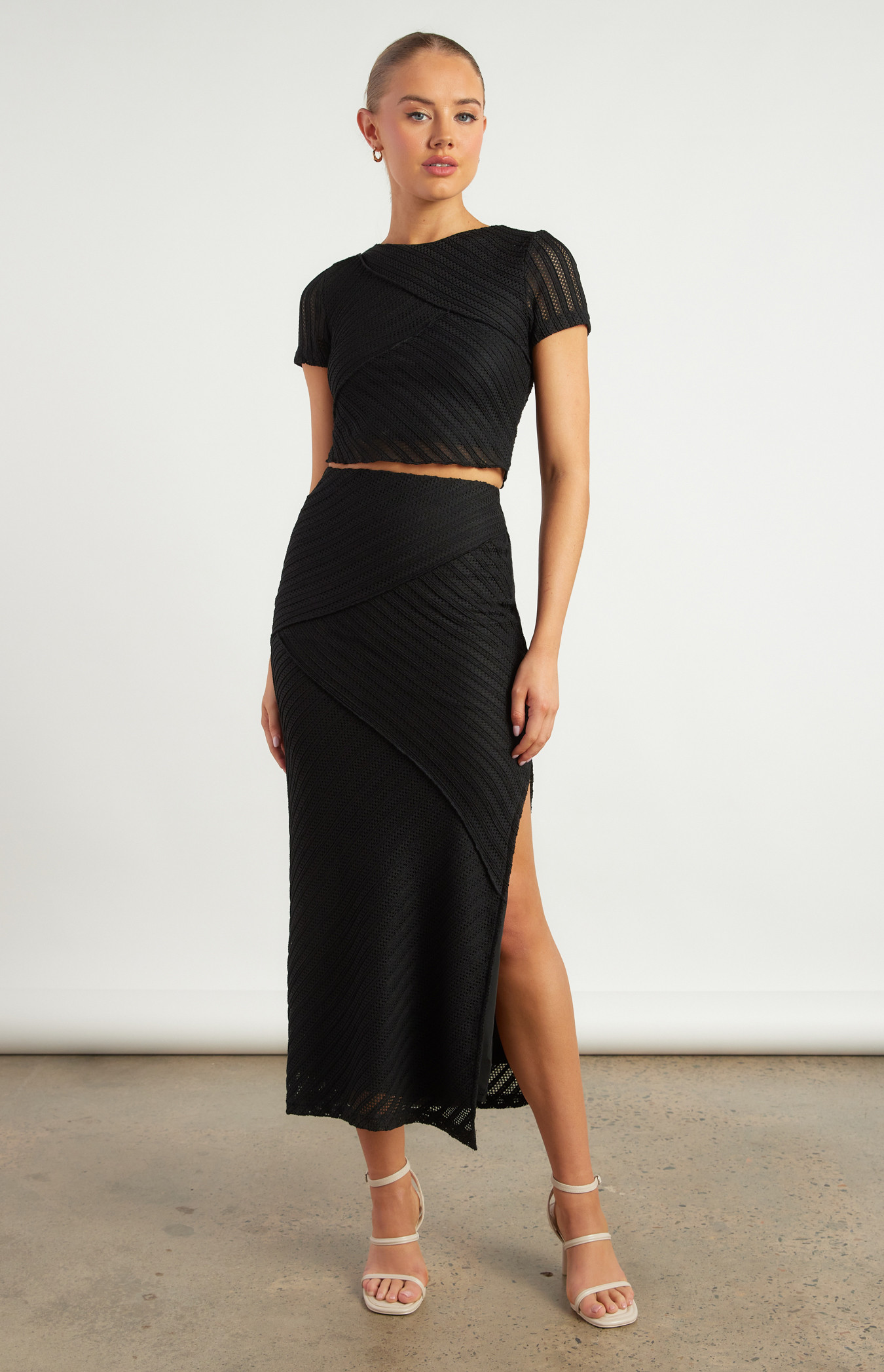 Textured Contrast Panel Jersey Top and Skirt Set (WSE372A)