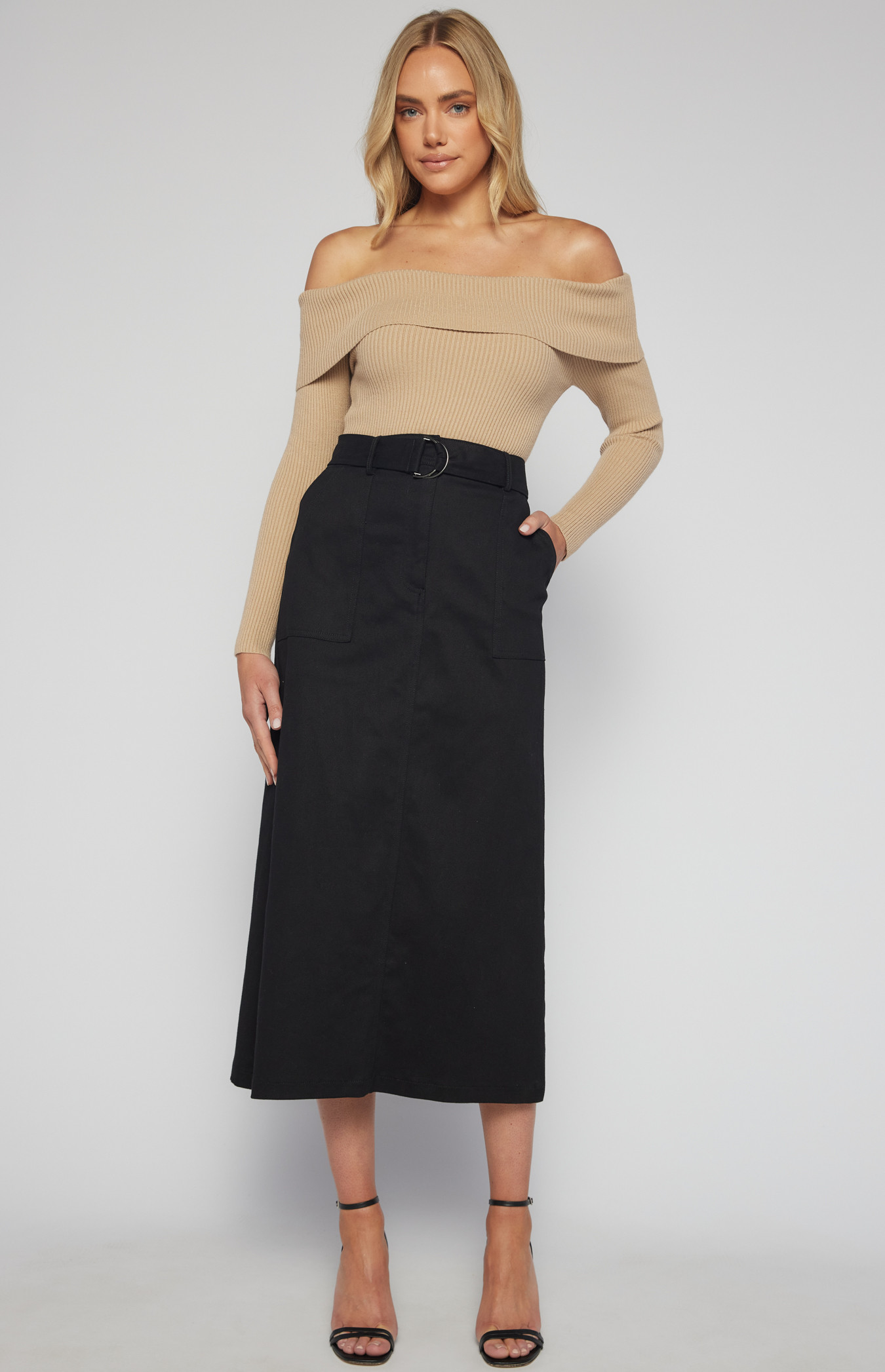 Cotton Maxi Skirt with D-Ring Belt and Pockets (WSK248A)