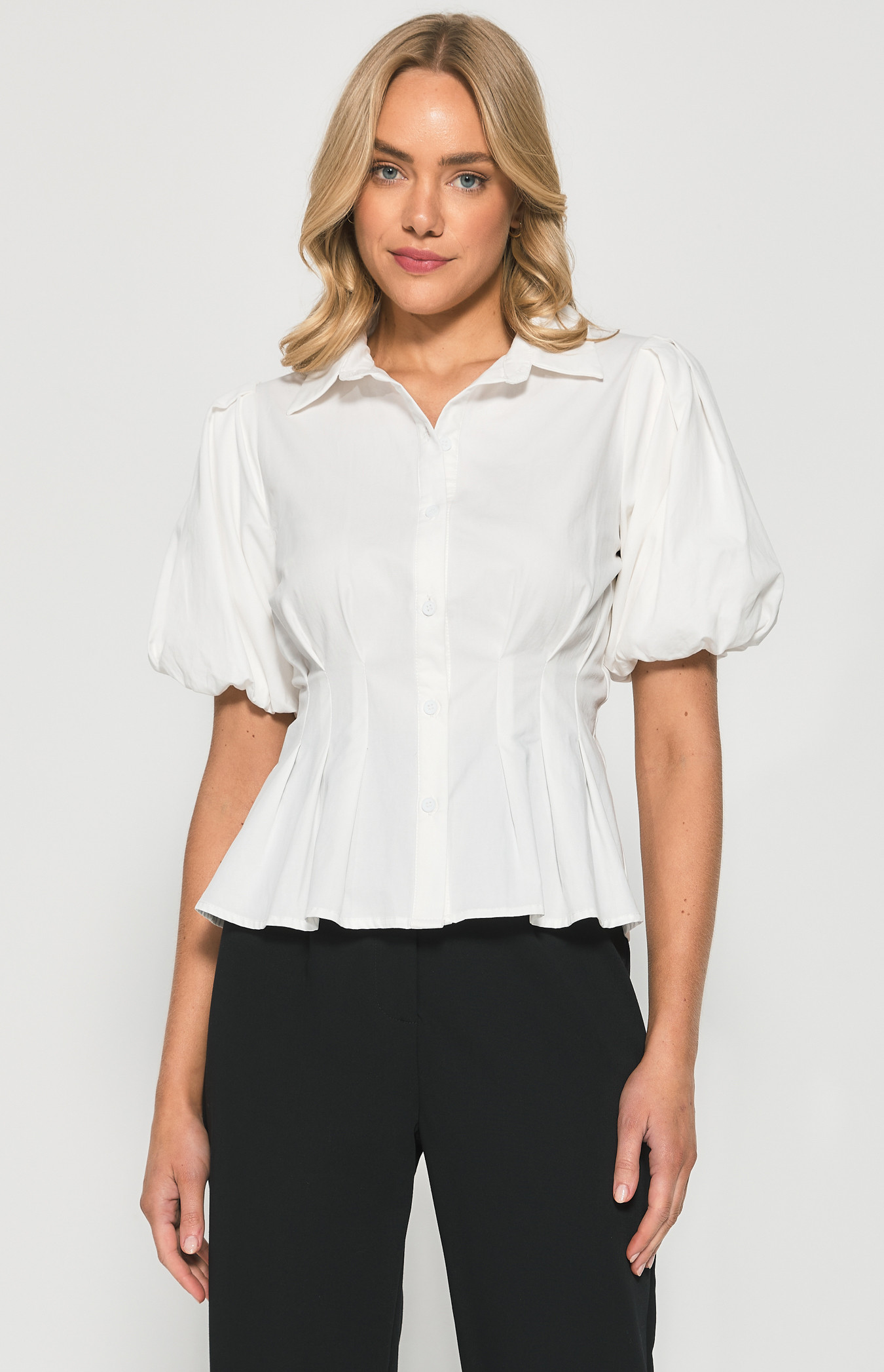 Bubble Sleeve Shirt with Pleated Waist Detail (WTO449A) | Style State