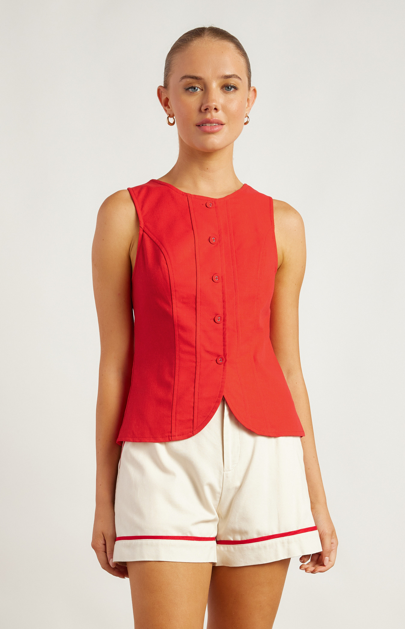 Cotton Linen Button Up Vest Top with Curved Hem (WTO610A)